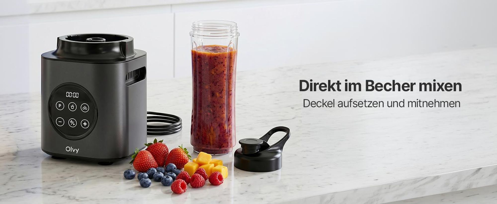 Olvy Standmixer 1000W mit 1,5L Glasbehälter & 600ml Tritan-Becher, 9 Stufen, Pulse, Ice-Crusher, Smoothie- & Milchshake-Funktion