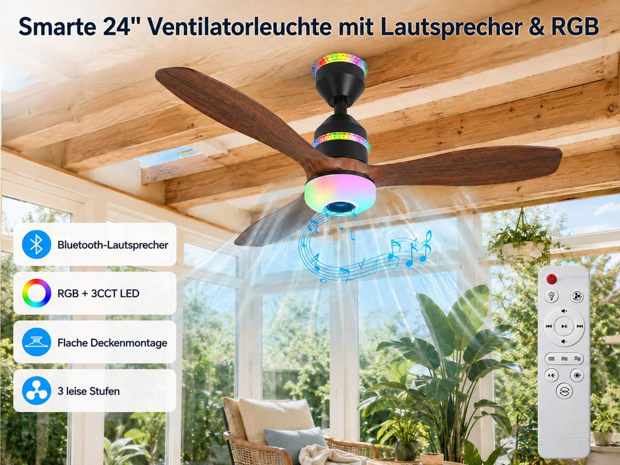 Deckenventilator mit Licht Ø60cm 48W Deckenlampe mit Ventilator Bluetooth Musik & RGB Farbwechsel 3 Geschwindigkeiten LED Dimmbar Fernbedienung