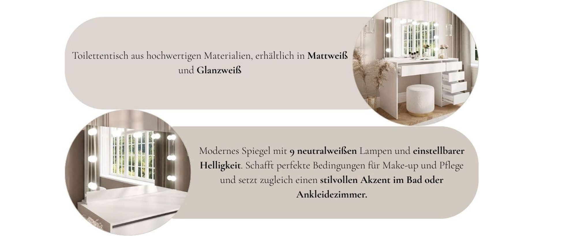 MADA ELITE Schminktisch mit Spiegel und Beleuchtung Weiß / Weiß Matt
