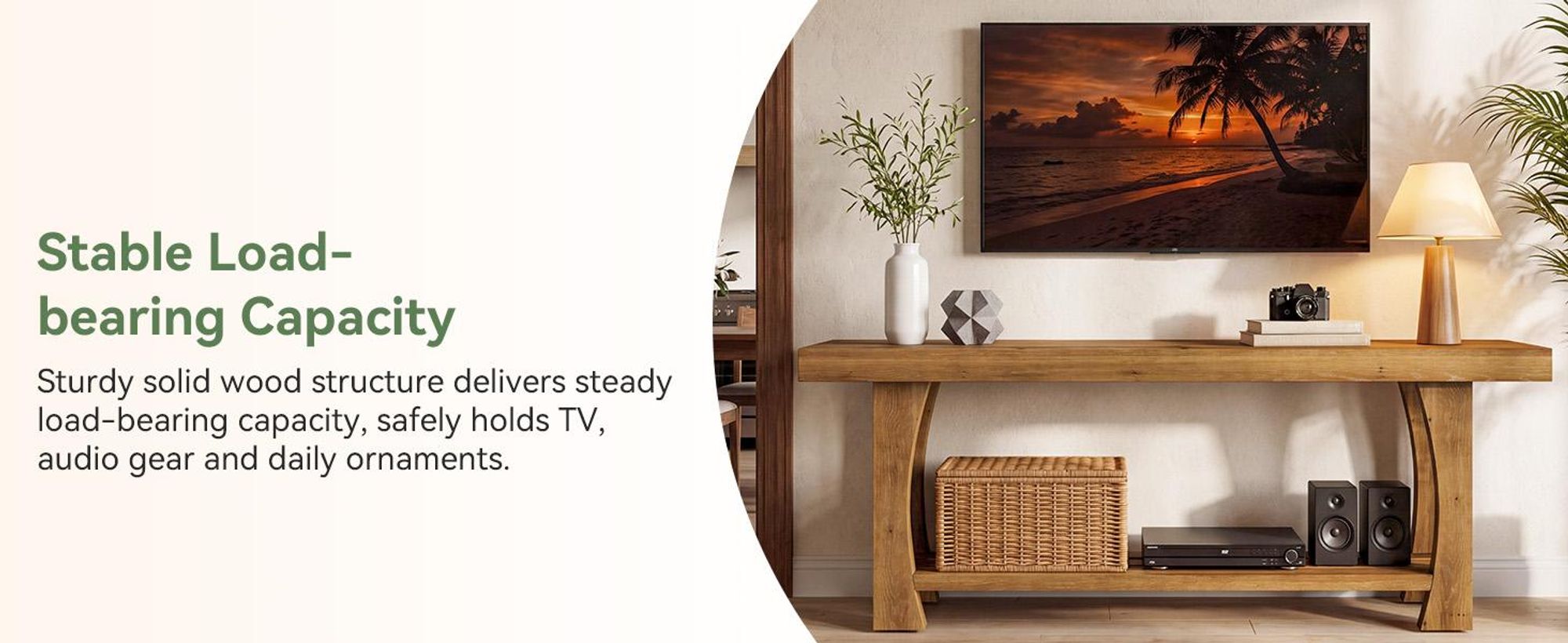 Tribesigns Massiver TV-Ständer Holz für 55, 60, 65 und 70 Zoll Fernseher, Medienkonsole Landhausstil mit konischen Beinen und zwei offenen Regalböden
