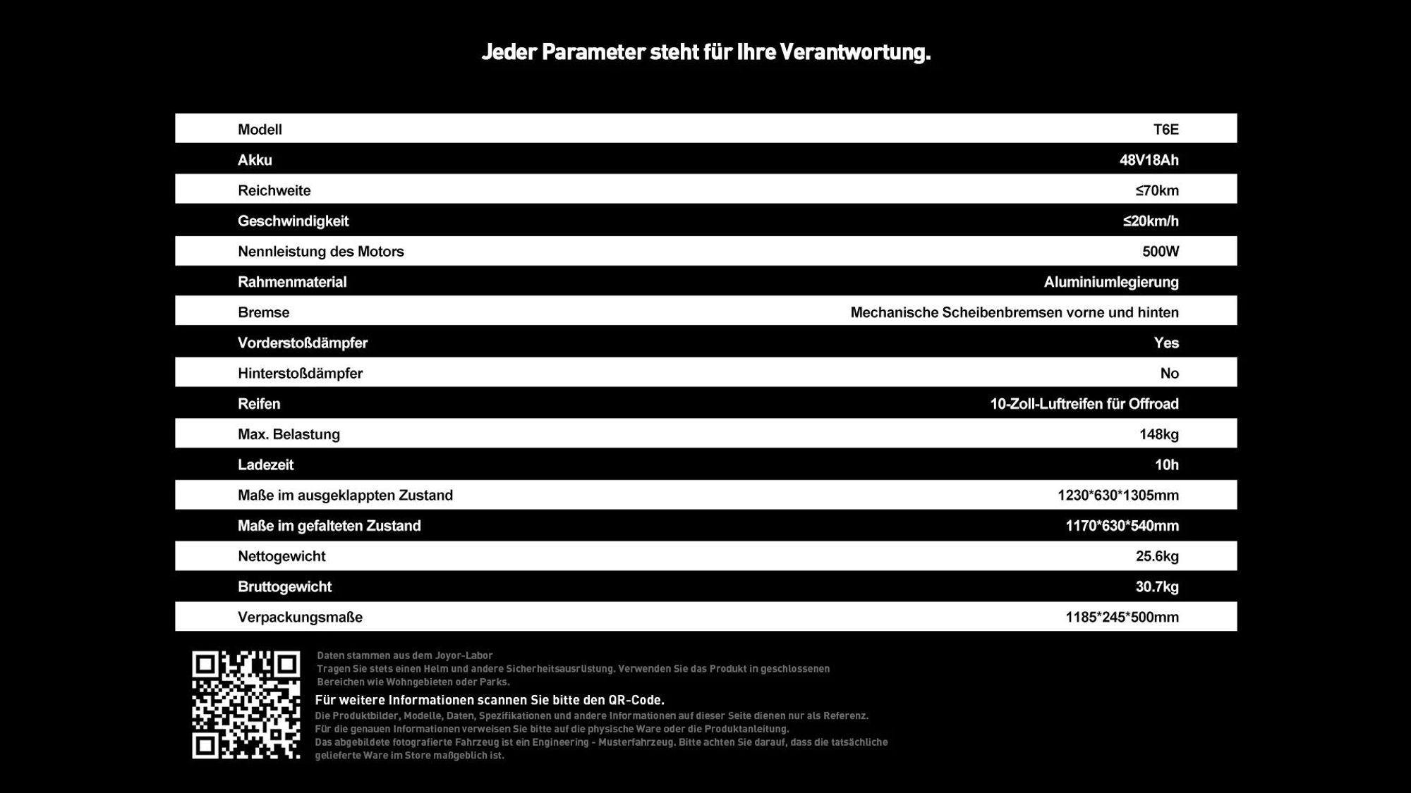 JOYOR T6E Elektroroller ABE- - 500W Motor 48V18AH Akku Faltbar 10" Offroad Reifen - Schwarz