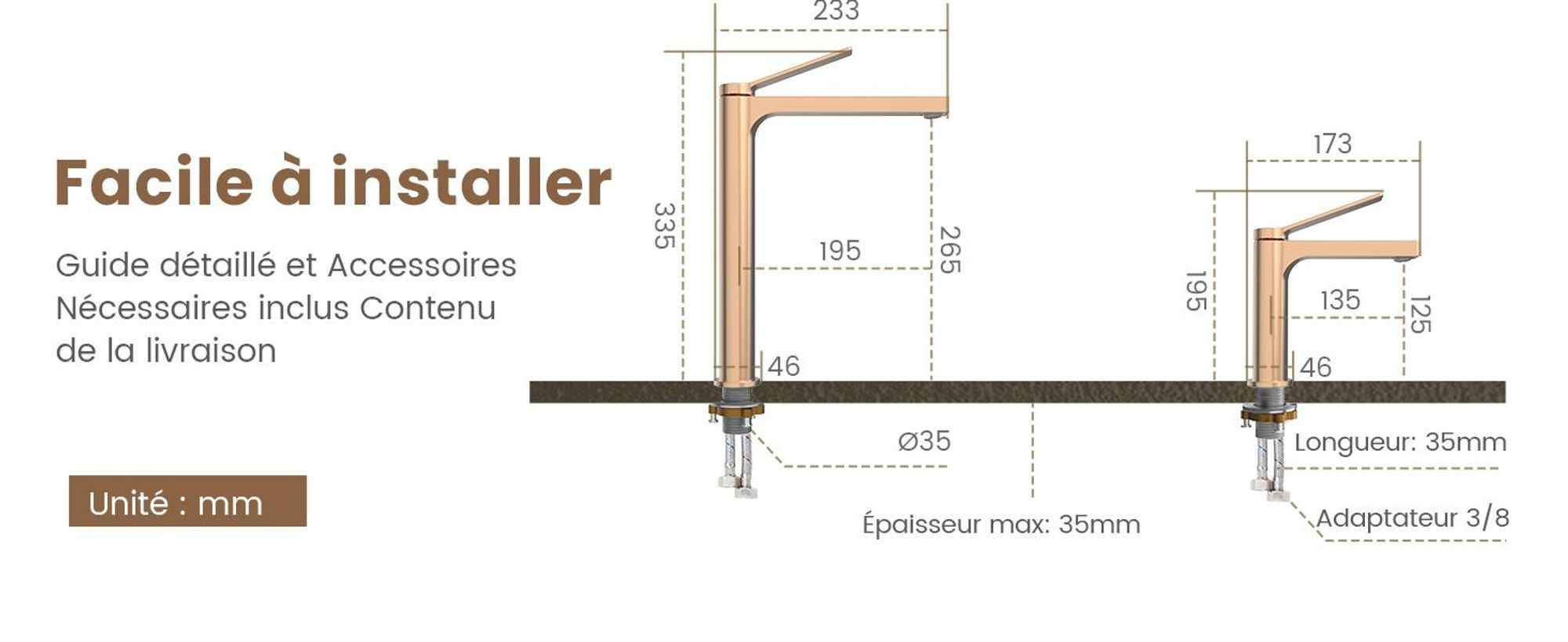 EMKE Robinet de salle de bain or rose 335x233x46mm, laiton, cartouche céramique, robinet de salle de bain, mitigeur de lavabo, mitigeur de lavabo