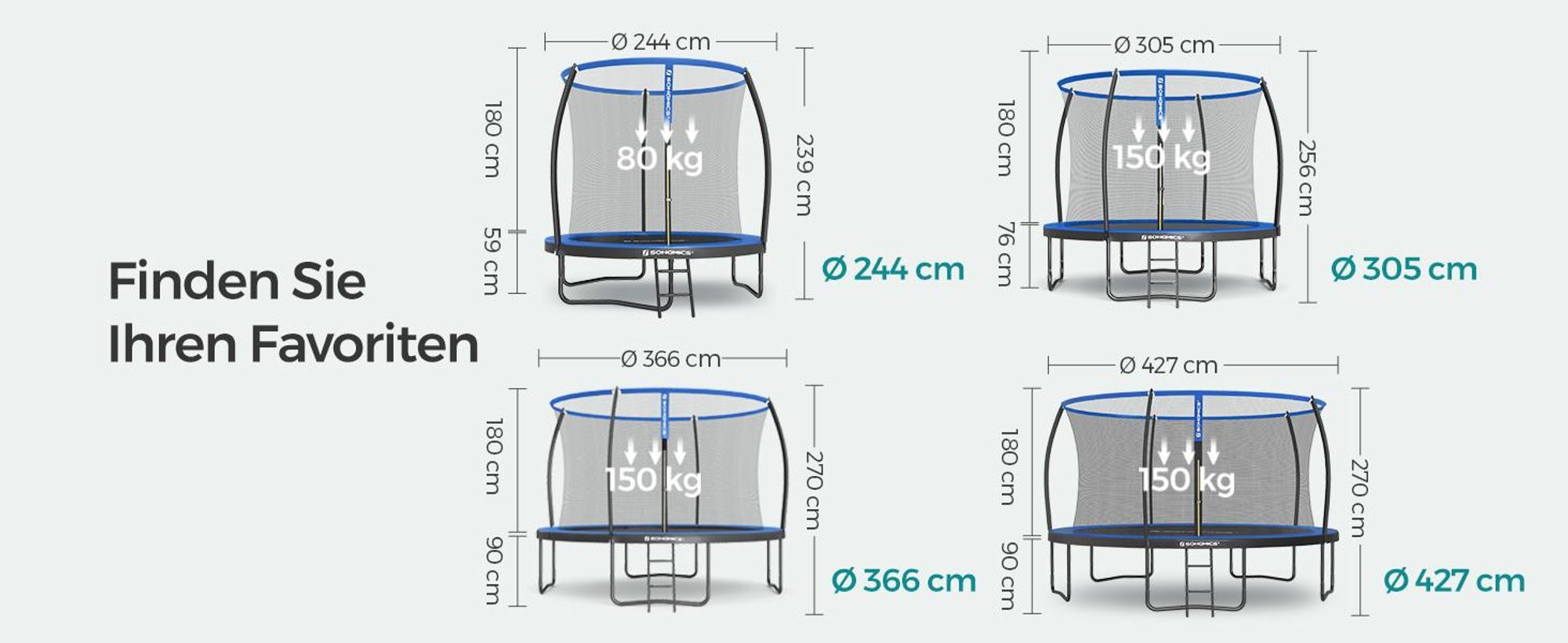 SONGMICS Trampolin Ø 366cm mit Leiter + Netz + Stangen + Abdeckung sicher Fitnessgerät rundes Gartentrampolin schwarz