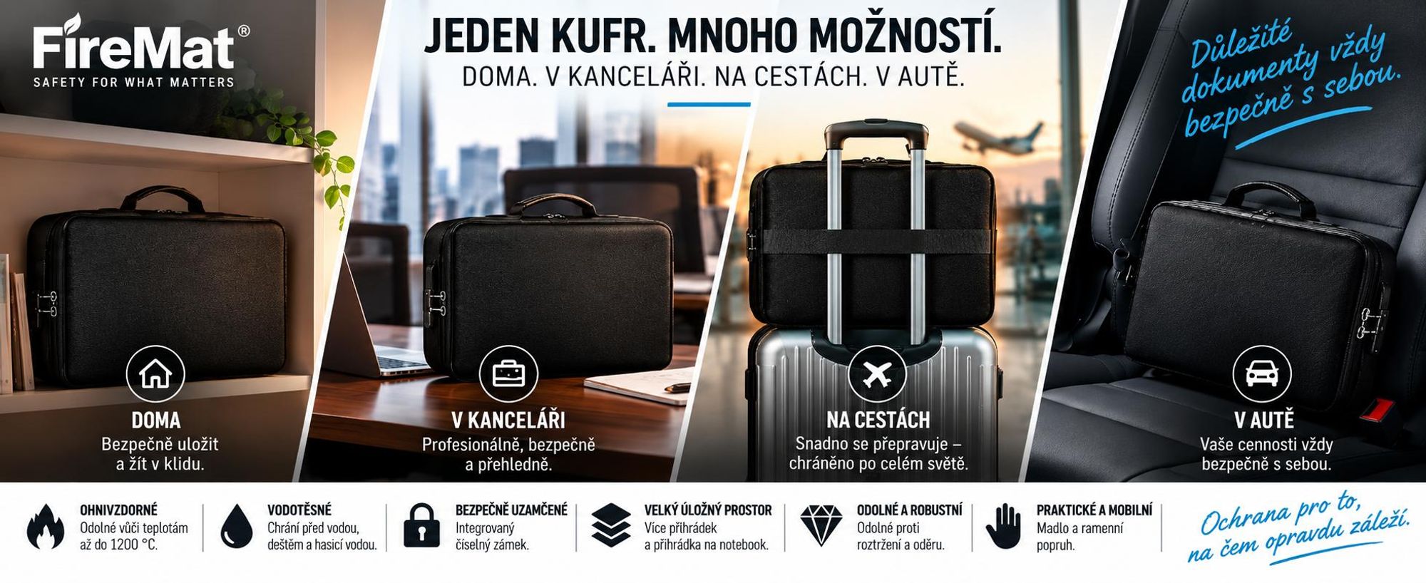 Robustní ohnivzdorný a vodotěsný kufřík s integrovaným číselným zámkem.