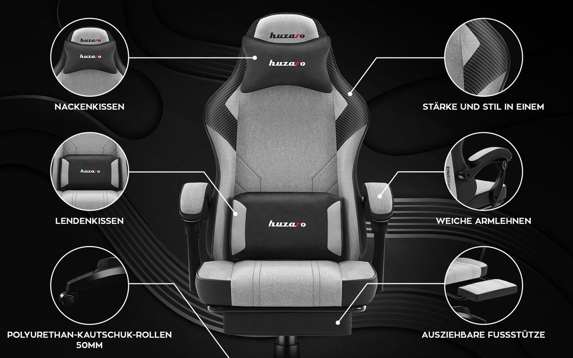 Huzaro Force 3.7 Grey Gaming-Stuhl mit ergonomischem Design, verstellbarem Armlehnen und hochbelastbarem Stoff