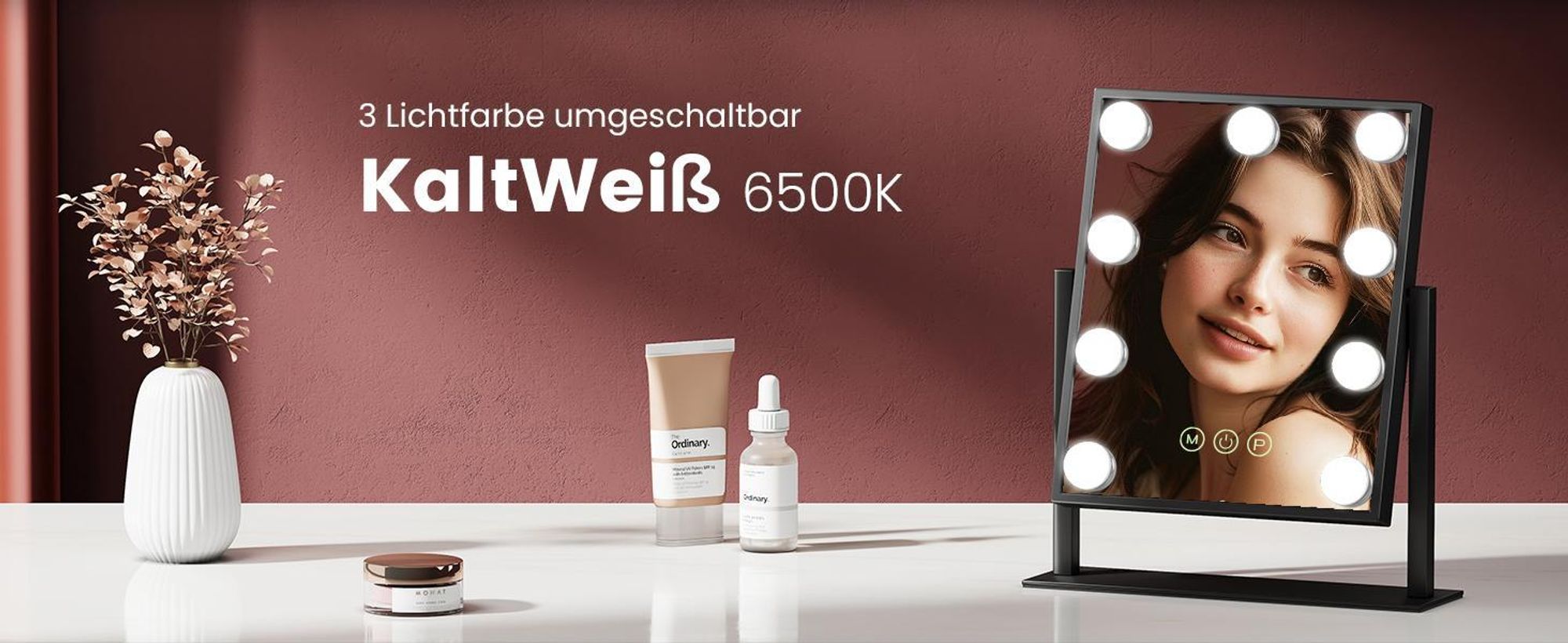 EMKE Hollywood Kosmetikspiegel 85x364x475mm mit 7x Vergrößerungsspiegel, Schwarz Schminkspiegel mit intelligent Touchscreen und 3 Lichtfarben, 12 Dimmer-LED-Leuchten, 360° drehbar und Memory-Funktion