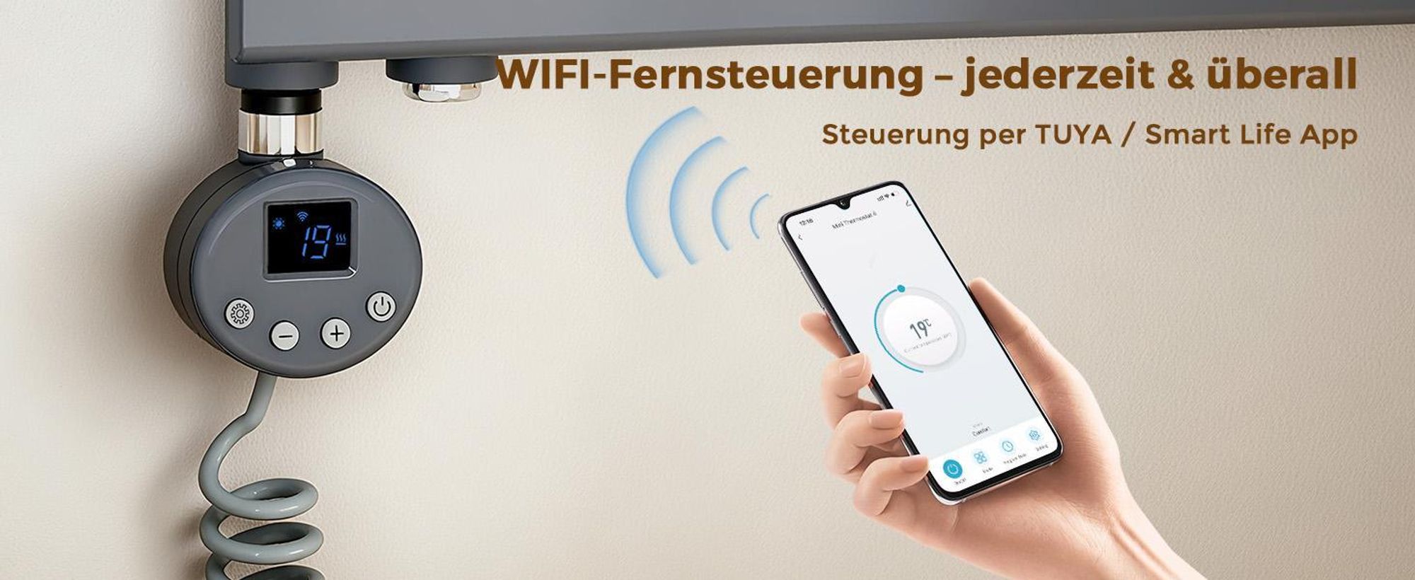 S’AFIELINA Heizstab mit Thermostat 1200W, programmierbarer Timer & LCD-Anzeige, WiFi, für Badheizkörper, Edelstahl, intelligente Steuerung, Anthrazit