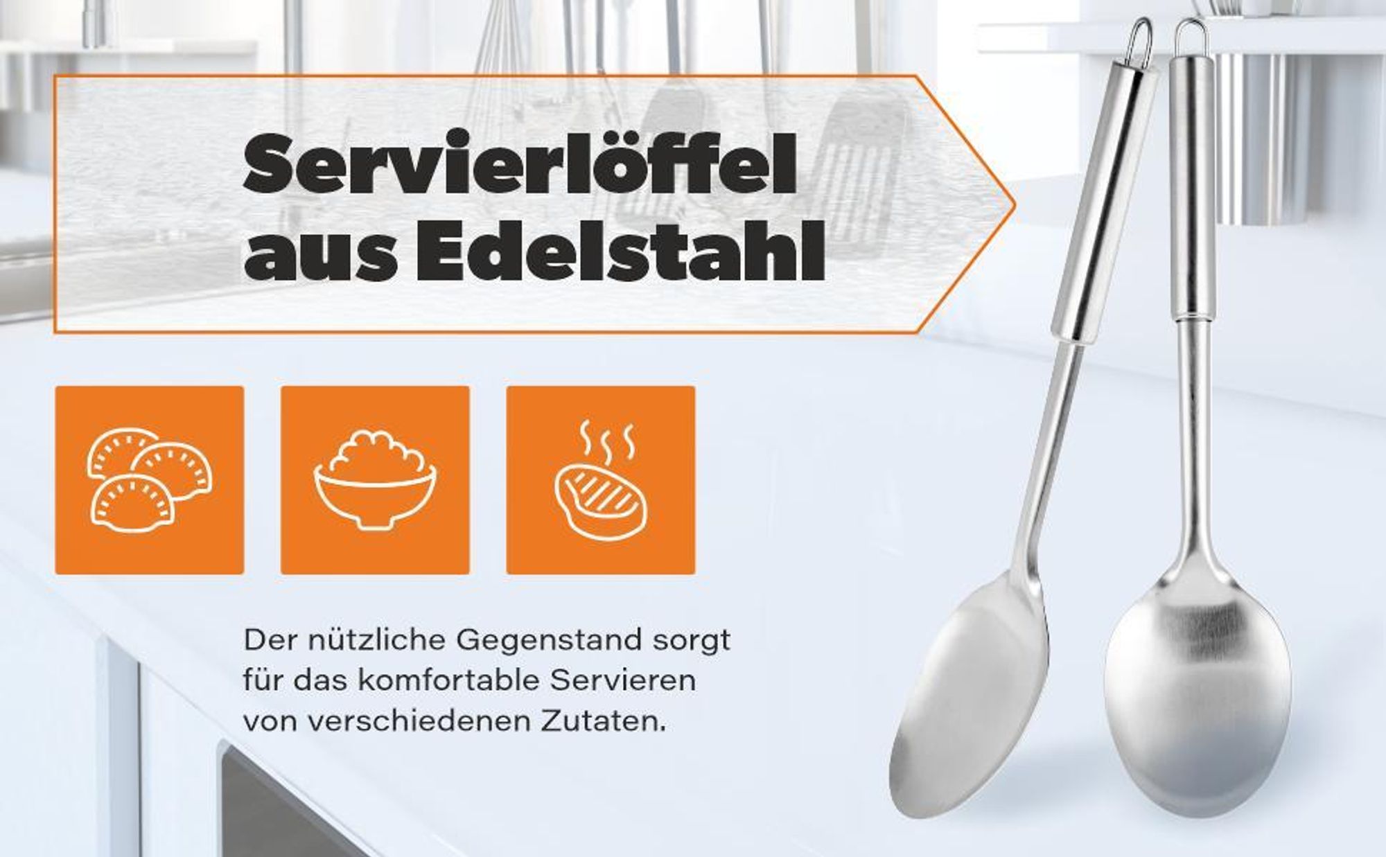 KADAX Servierlöffel "Thiat", großer Salatlöffel aus Edelstahl, langer Stiel, silber, 33 cm, 2 Stück