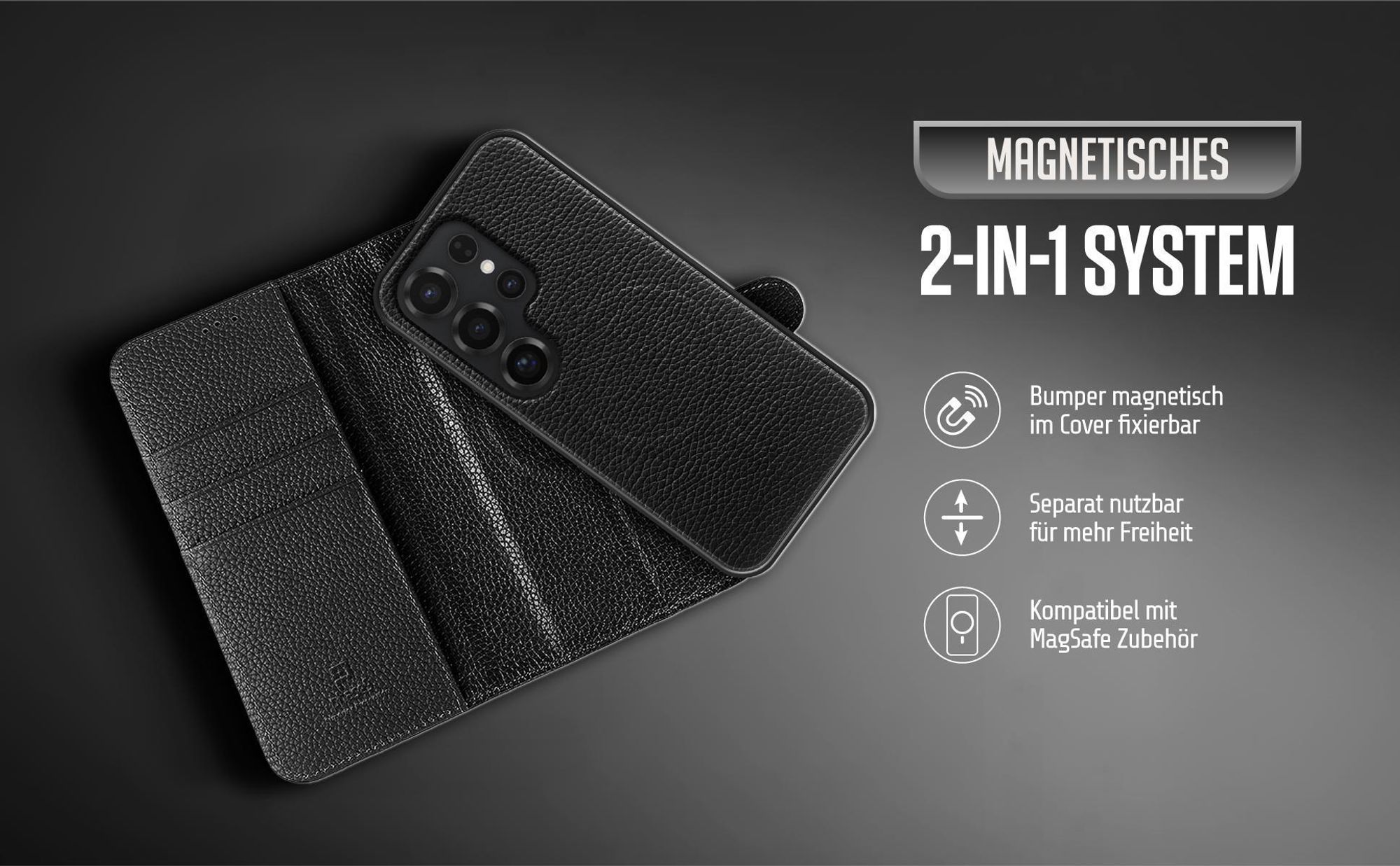 Schwarze Lederhülle mit abnehmbarem Bumper für das Samsung Galaxy S25 Ultra