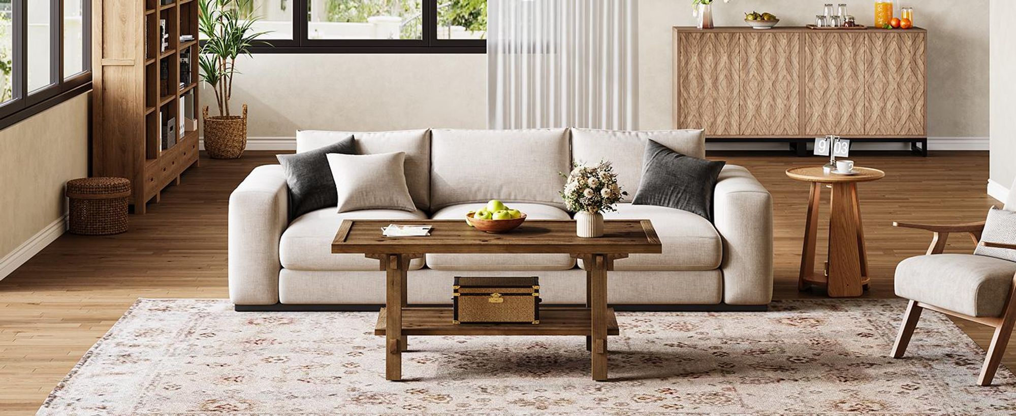 Massivholz-Couchtisch, 120 cm rechteckiger Sofatisch mit 2 Ebenen, zweistöckiger rechteckiger Beistelltisch mit Stauraum, rustikaler