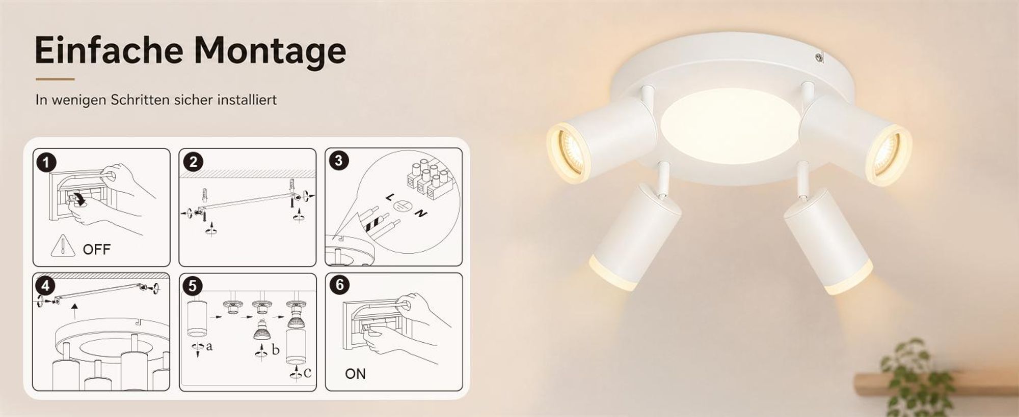ZMH Led soffitto 4 fiamme soffitto spot GU10 camera da letto lampada 3000k bianco cucina lampada 20W soffitto faretto orientabile per soggiorno cucina camera da letto
