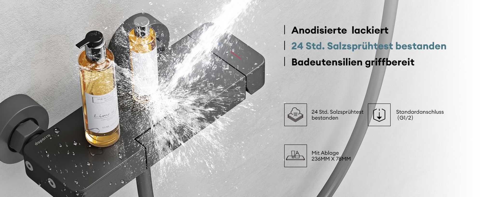 Mai & Mai Duschsystem mit Regendusche Duschkopf 3 Strahlarten höhenverstellbar Duschbrause mit Unterauslauf aus Aluminium Grau  Arvexa-02