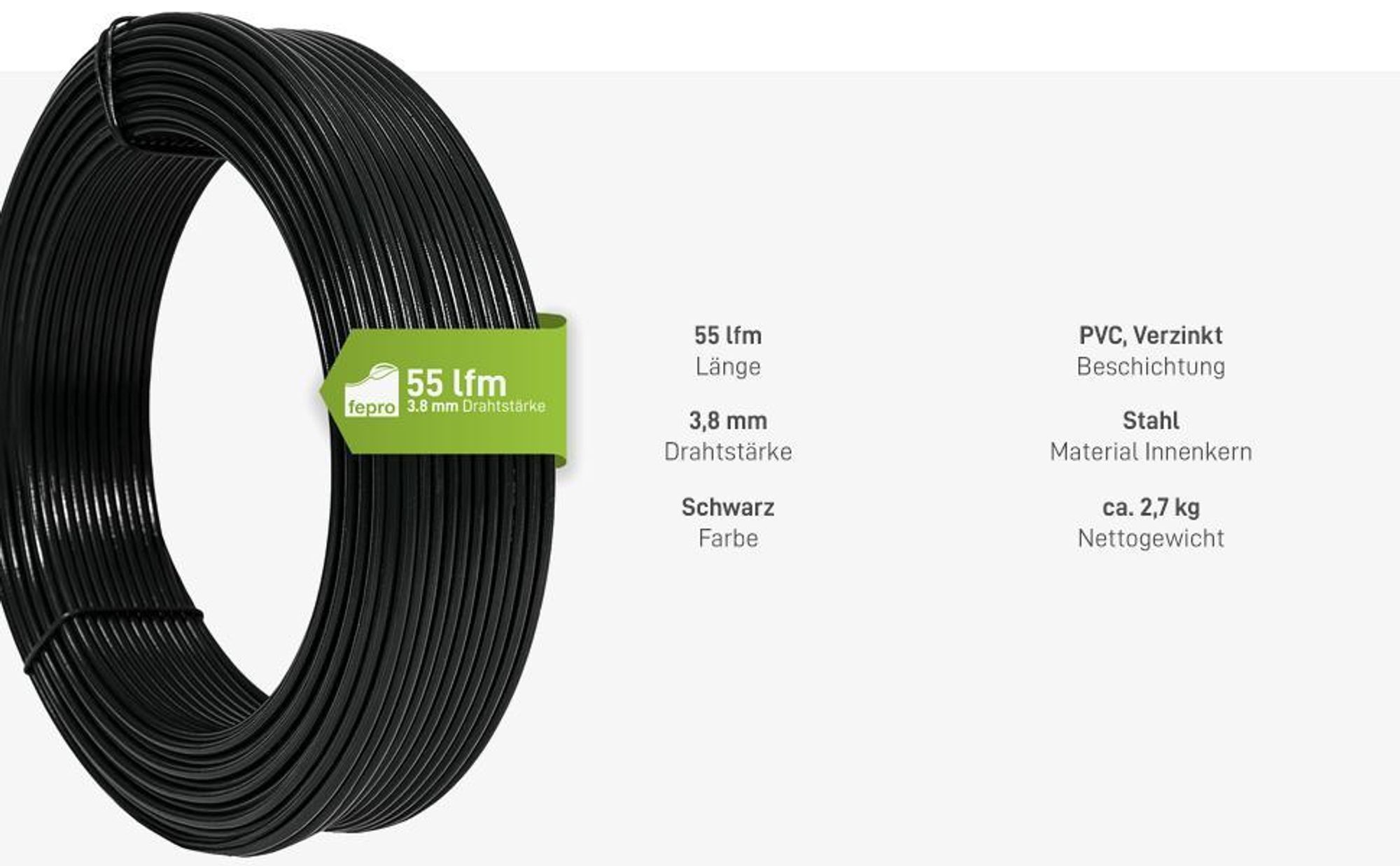 Fepro® Spanndraht 3,8 mm x 55 m, schwarz, verzinkt und kunststoffbeschichtet - witterungsbeständig, ideal für Maschendraht, Wildzaun, Garten oder basteln