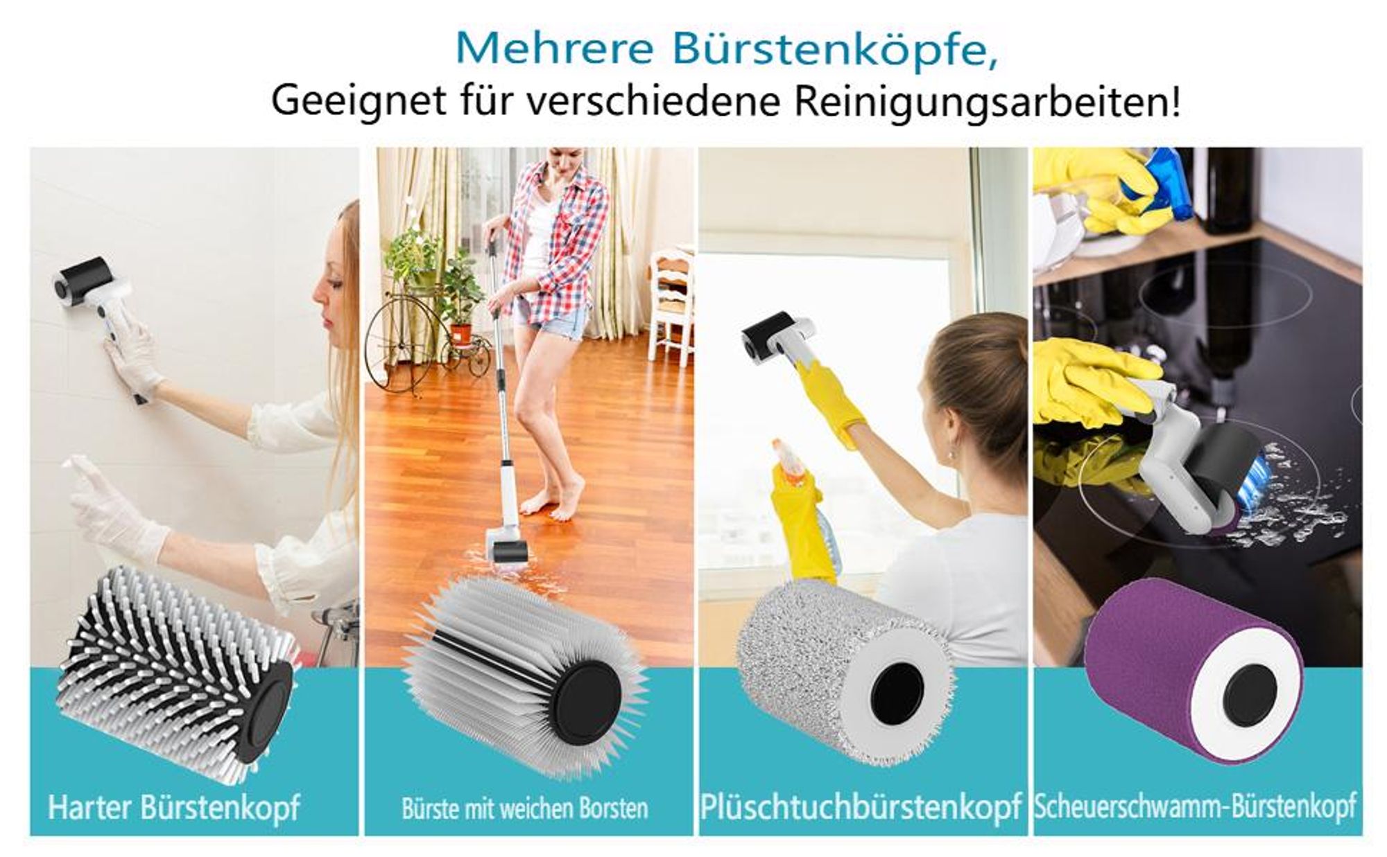 Elektrische Reinigungsbürste mit 4 Aufsätzen – 2 Geschwindigkeiten, wasserdicht (IPX7), kabellos & teleskopierbarer Stiel, für Bad, Küche,Fliesen,Auto