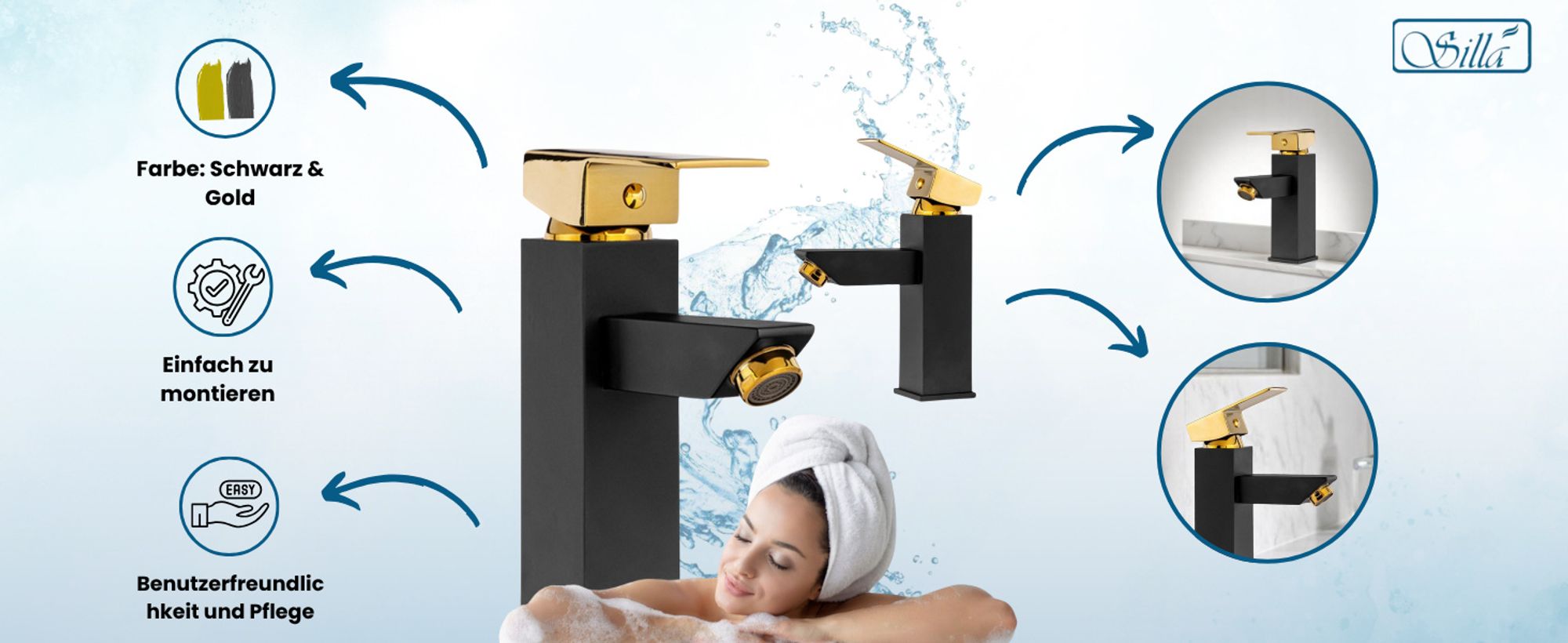 Silla, Schwarz, Gold, Wasserhahn Bad, Wasserhahn, Badarmatur, Waschtischarmatur