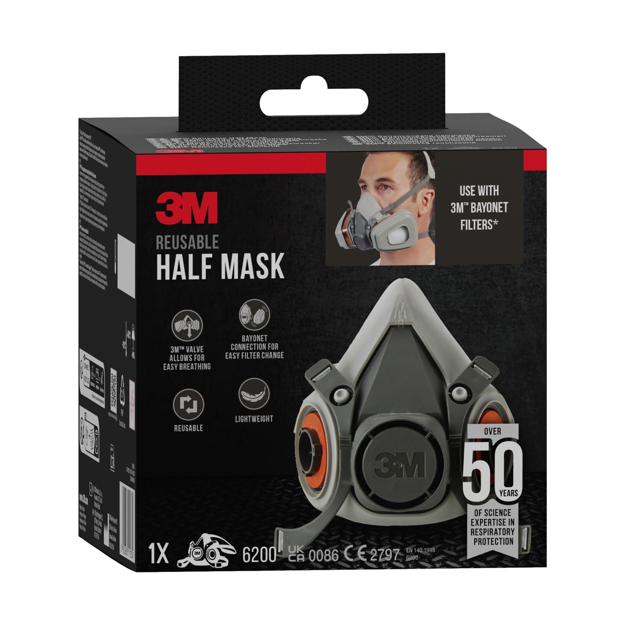 3M Halbmaske 6200, Wiederverwendbar, Mittelgroß, für Sprühlackier- und Schleifarbeiten, mit Bajonettverschluss, Komfortabel