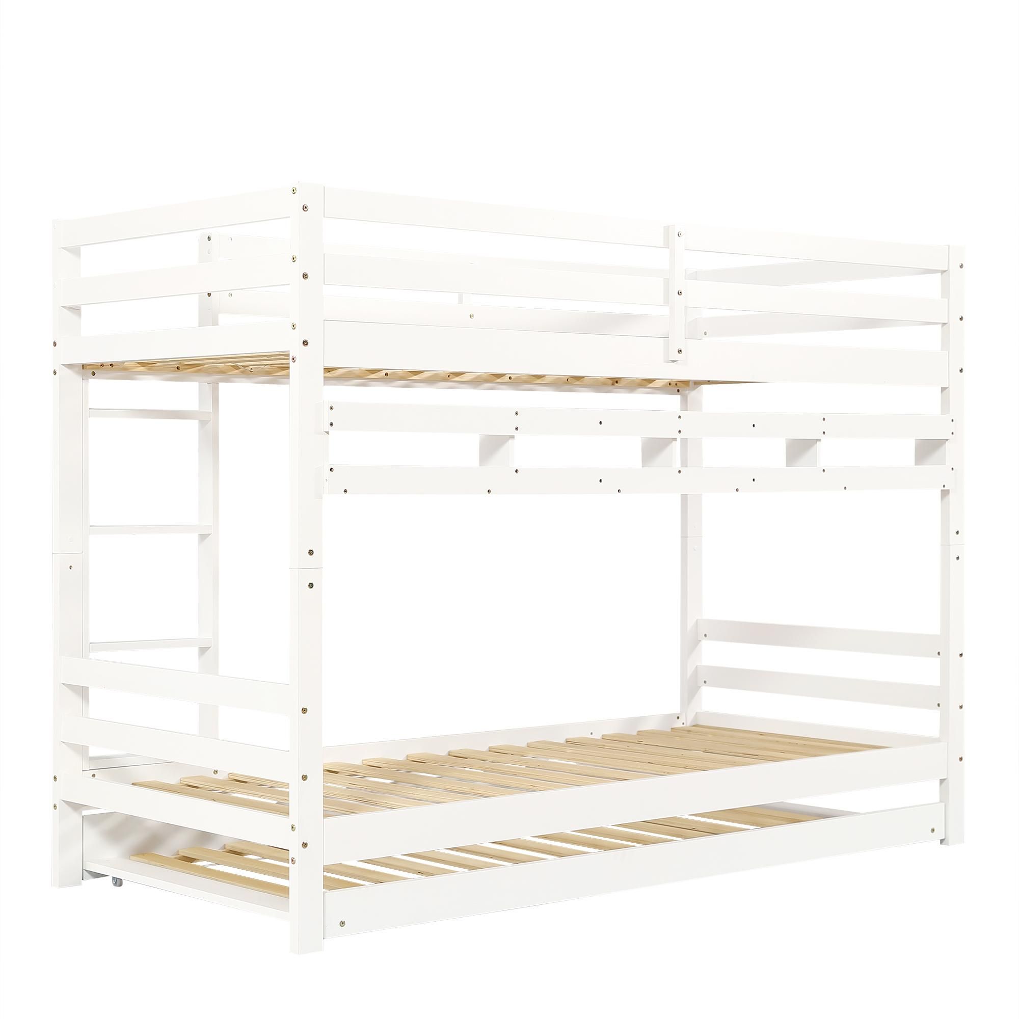 Flieks Etagenbett 90x200cm mit Regal, Kinderbett Hochbett mit 90x190cm großem Ausziehbett, Stockbett Einzelbett für 2 Kinder Kinderzimmer, Weiß