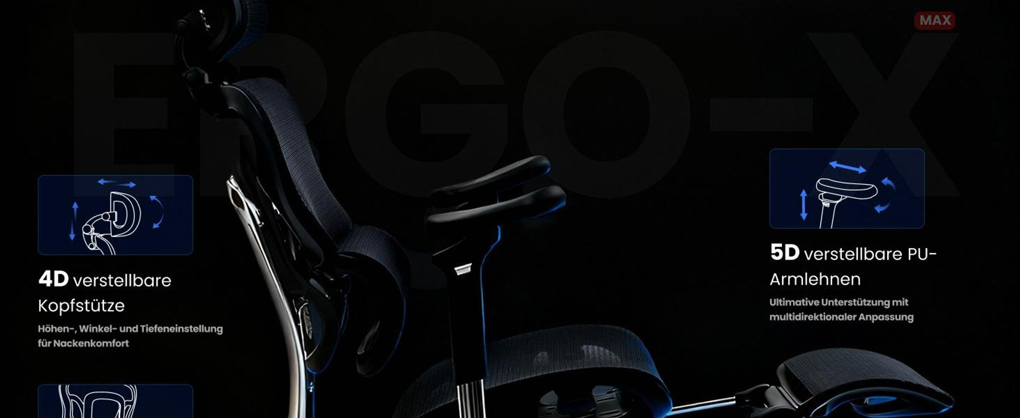 FLEXISPOT ErgoX Max Ergonomischer Bürostuhl bis 300 kg, mit Fußstütze, 4D Kopfstütze & 5D Armlehnen, Einteiliger Rücken- & Lendenstütze, Schwarz