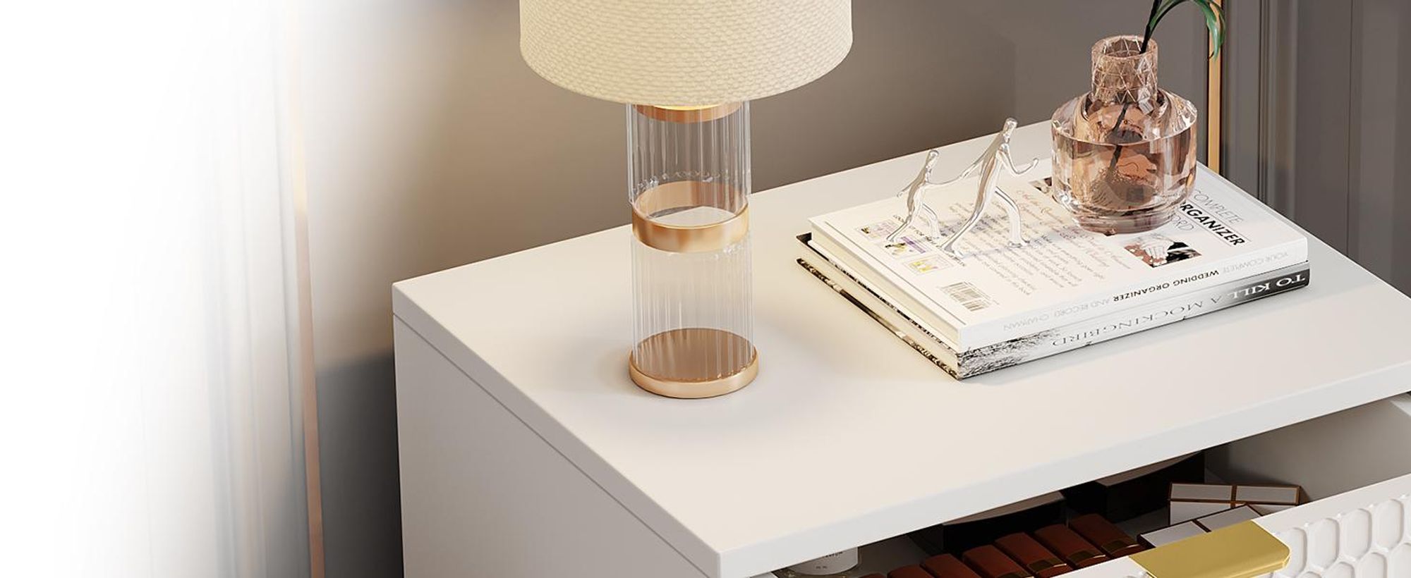 Tribesigns Moderner Nachttisch,65,5 cm hoch,Nachttisch mit 3 Schubladen,moderner Beistelltisch mit Stauraum für Schlafzimmer,Wohnzimmer,Weiß und Gold