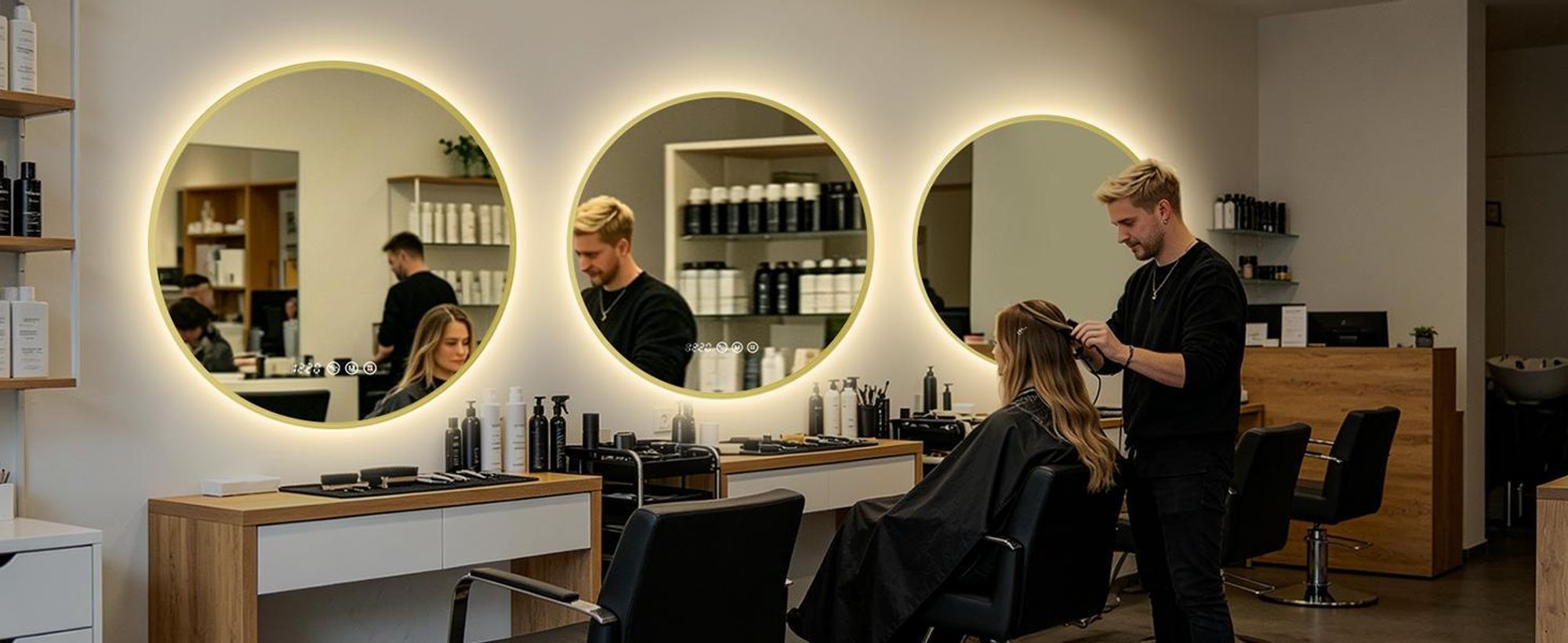 S'AFIELINA Miroir Salle de Bain LED Rond 70 cm avec Éclairage, cadre doré, 3 températures de couleur, variateur, antibuée, horloge & température