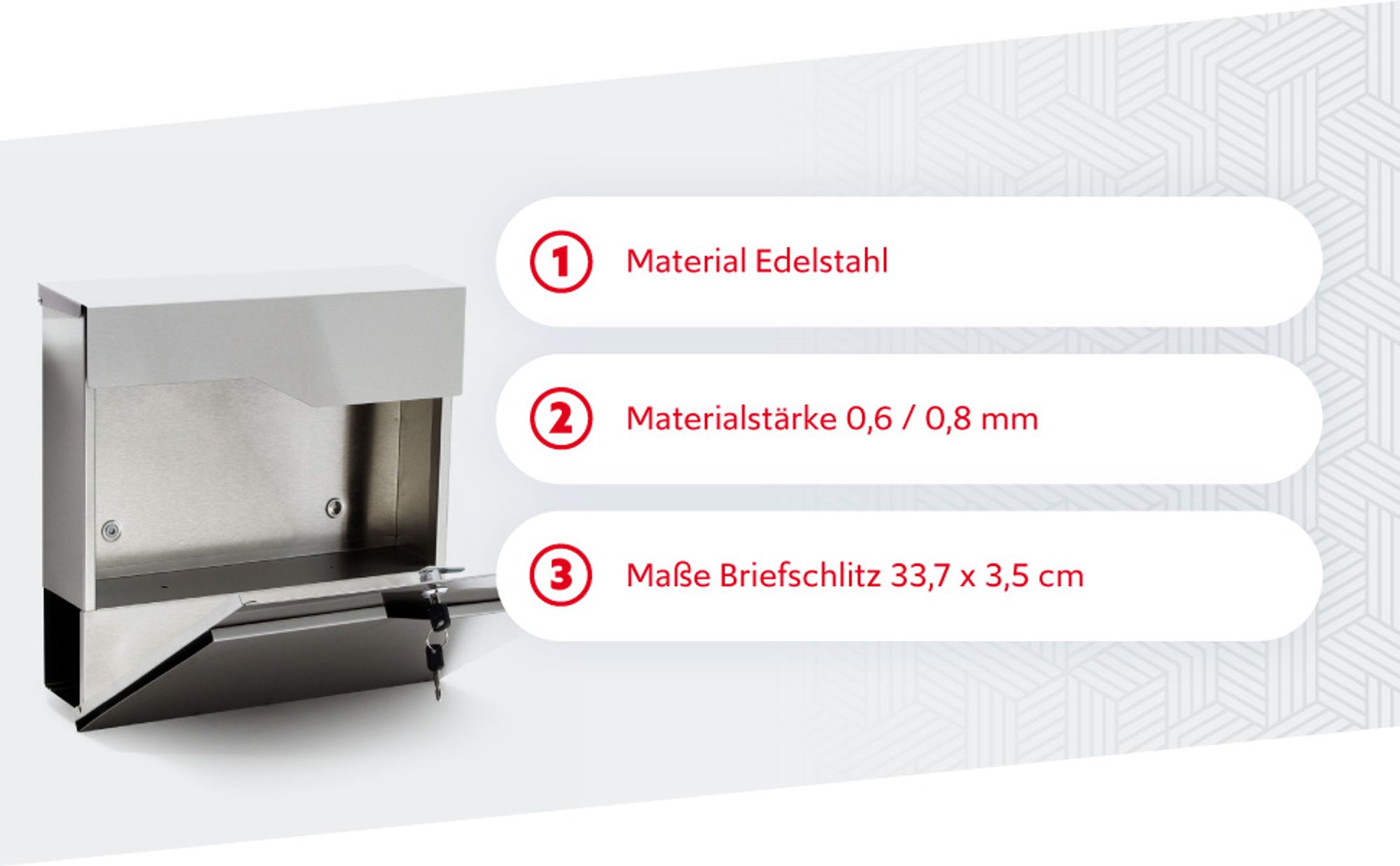 Wiltec Designer Briefkasten V19 Edelstahl 370 x 102 x 370 mm, Wandbriefkasten mit Schloss und Zeitungsrolle, Postkasten aus Stahl