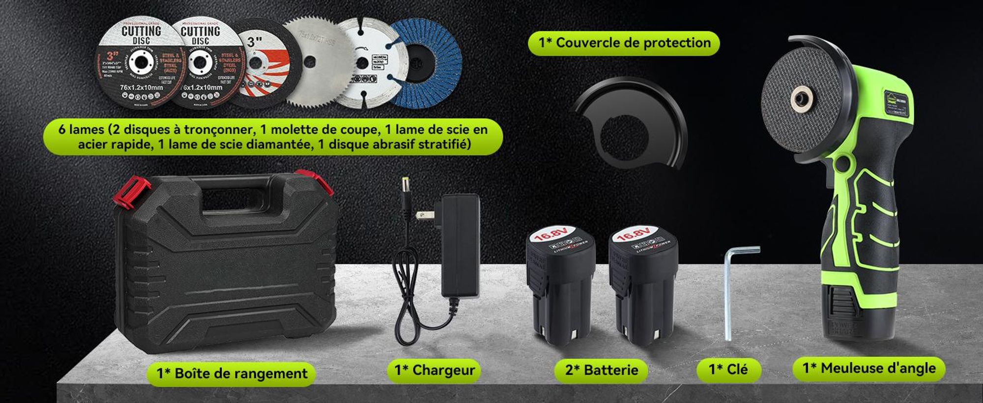 DEWINNER Meuleuse d'Angle Sans Fil 19 500 RPM - Disqueuse 76mm, 2 Batteries 2000mAh, 6 Disques de Coupe et Boîte de Transport - Pour Meulage, Polissag
