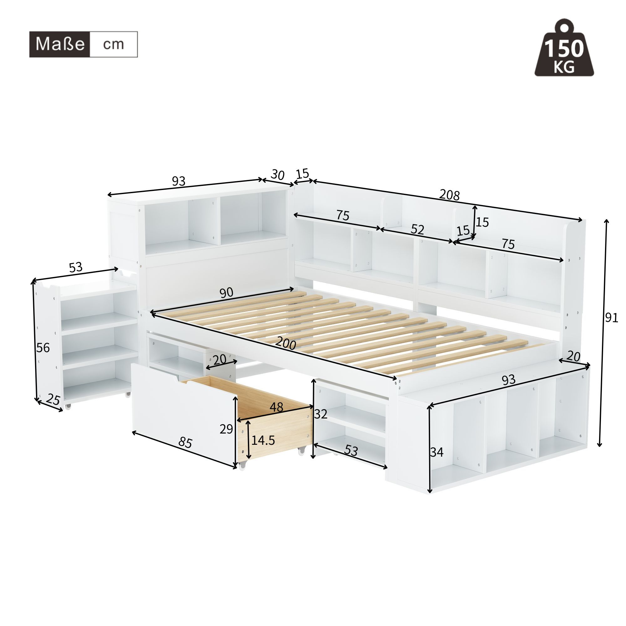 Flieks Holzbett Klassisches Bett Stauraumbett 90x200cm mit Ausziehbarem Schrank, Einzelbett Jugendbett mit Staufach, Kinderbett mit Lattenrost, Weiß