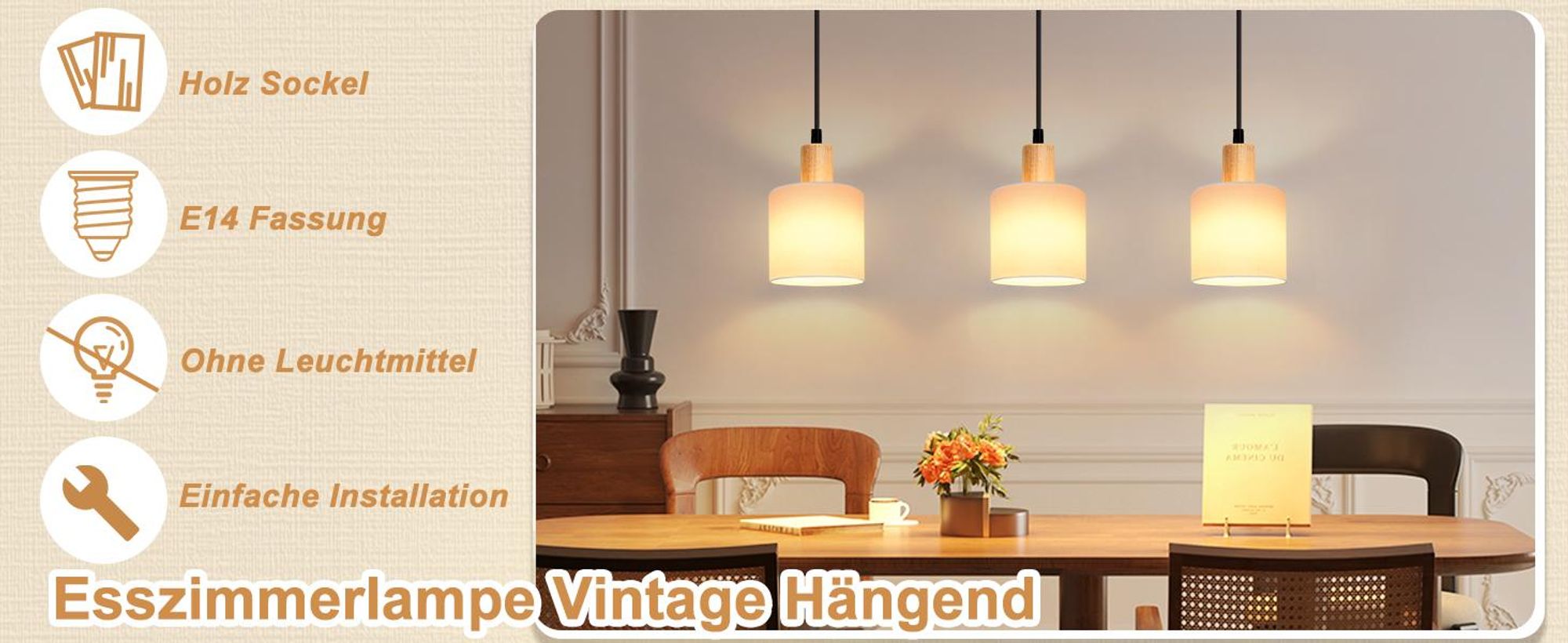 ZMH Pendelleuchte Holz Weiß Esstischlampe 3 Flammig Vintage Hängeleuchte E14 Hängelampe mit Stoffschirm für Wohnzimmer Restaurant Schlafzimmer Küche