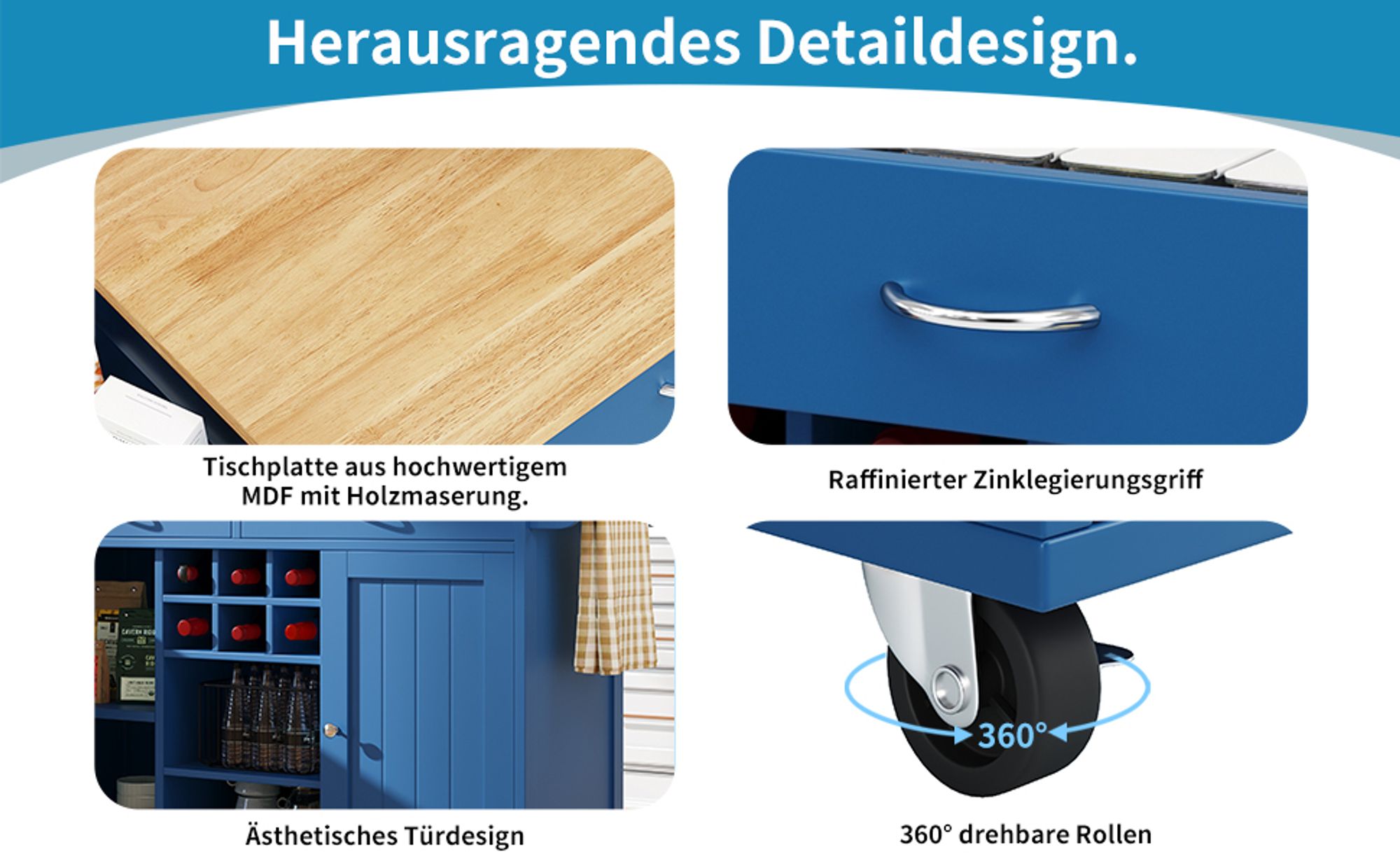 Flieks Servierwagen mit Weinkühler, Moderne Kücheninsel, Küchentrolley Küchenschrank, Speisewagen mit Schubladen und Handtuchhalter, Blau
