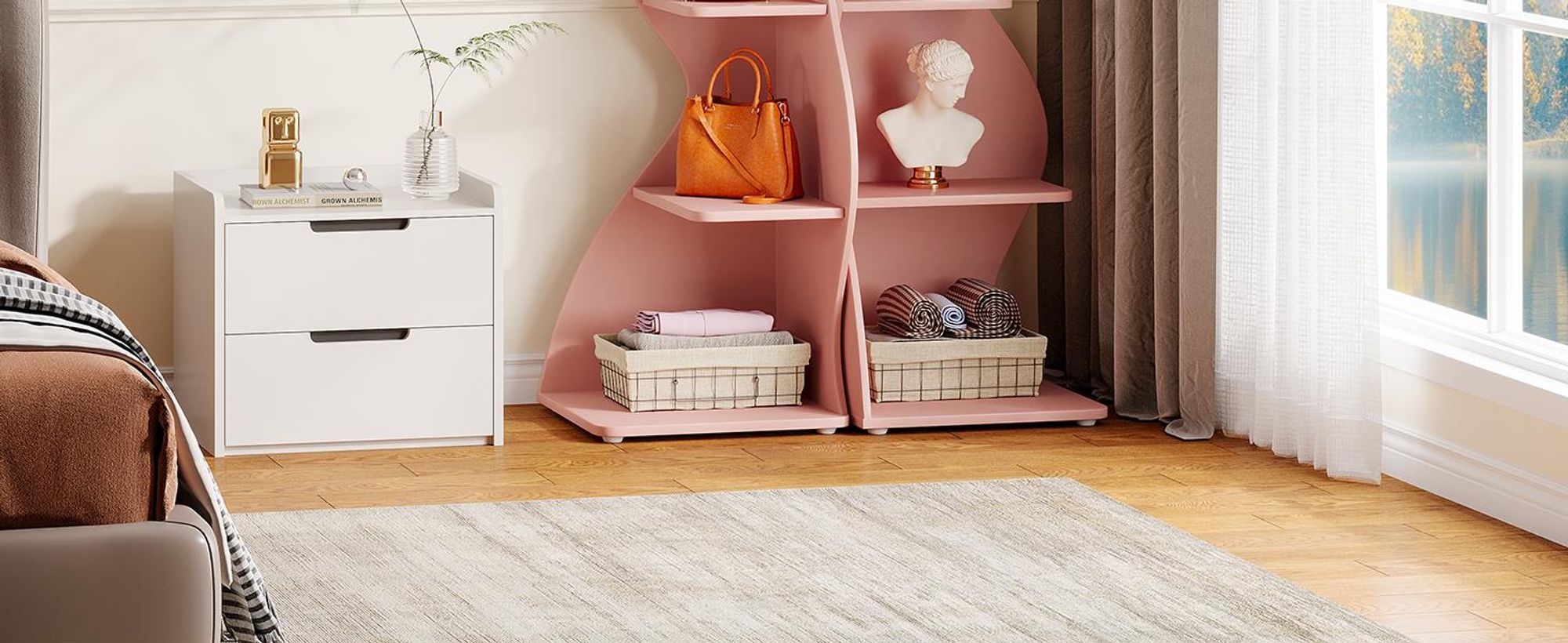 Tribesigns Eckregal, modernes 5-stöckiges Bücherregal mit geschwungener Form, einzigartiger Pflanzenständer für kleine Wohnzimmer, Rosa