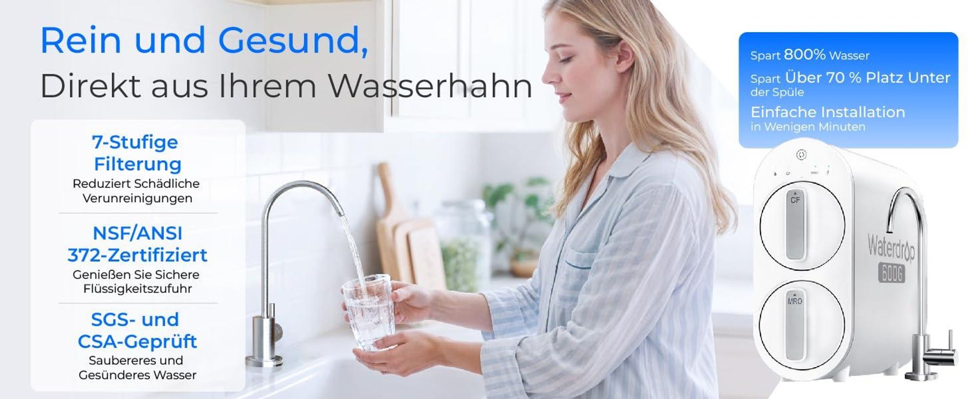 Waterdrop G2P600 Umkehrosmose-Wasserfiltersystem, 8000 Liter, 2:1 Reinwasser, Tanklos, Entkalkungsanlage RO System unter der Spüle