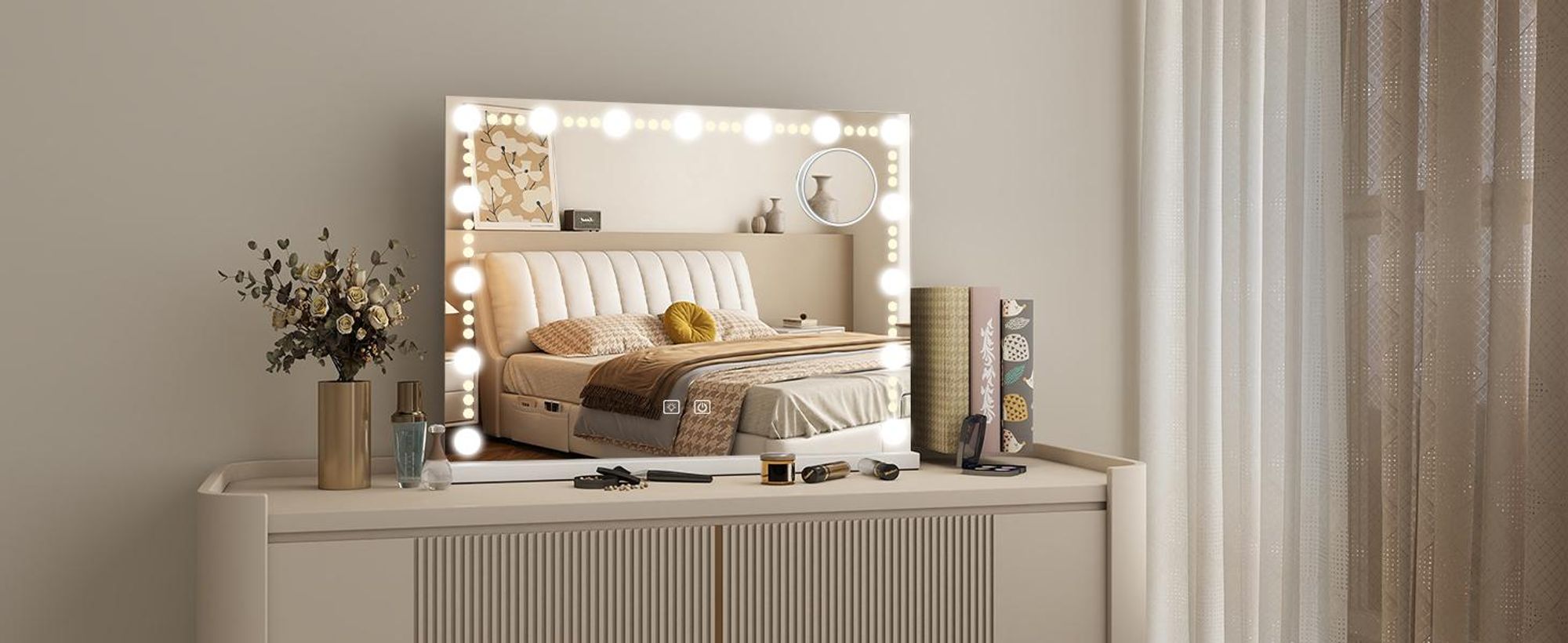Puluomis Kosmetikspiegel Hollywood 15 LED 58x45cm 3 Farben Dimmbar Schminkspiegel mit Beleuchtung, USB,TYPC, 10xVergrößen, Spiegel Wandspiegel weiß