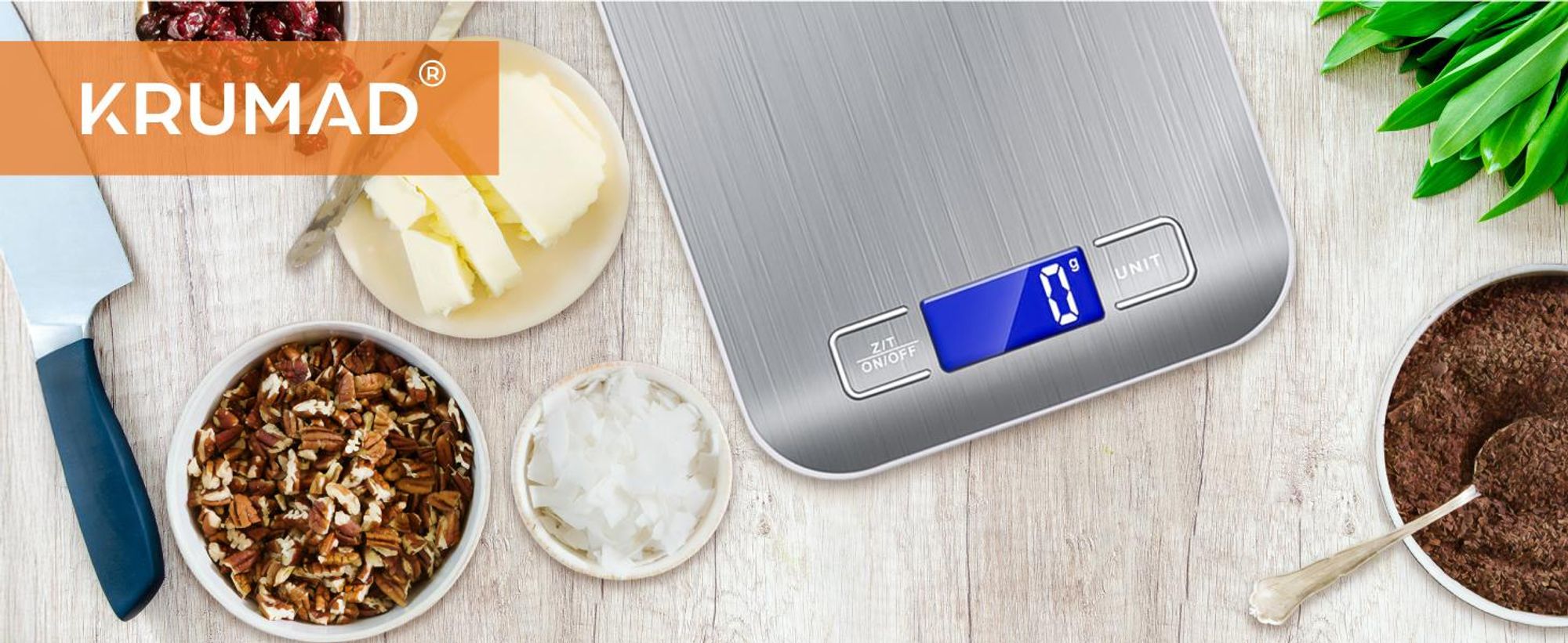 KRUMAD Digitale Küchenwaage 1 g–5 kg – Präzise Grammwaage mit Edelstahloberfläche & LCD Display – Kompakte Lebensmittelwaage für Küche, Backen, Kaffe