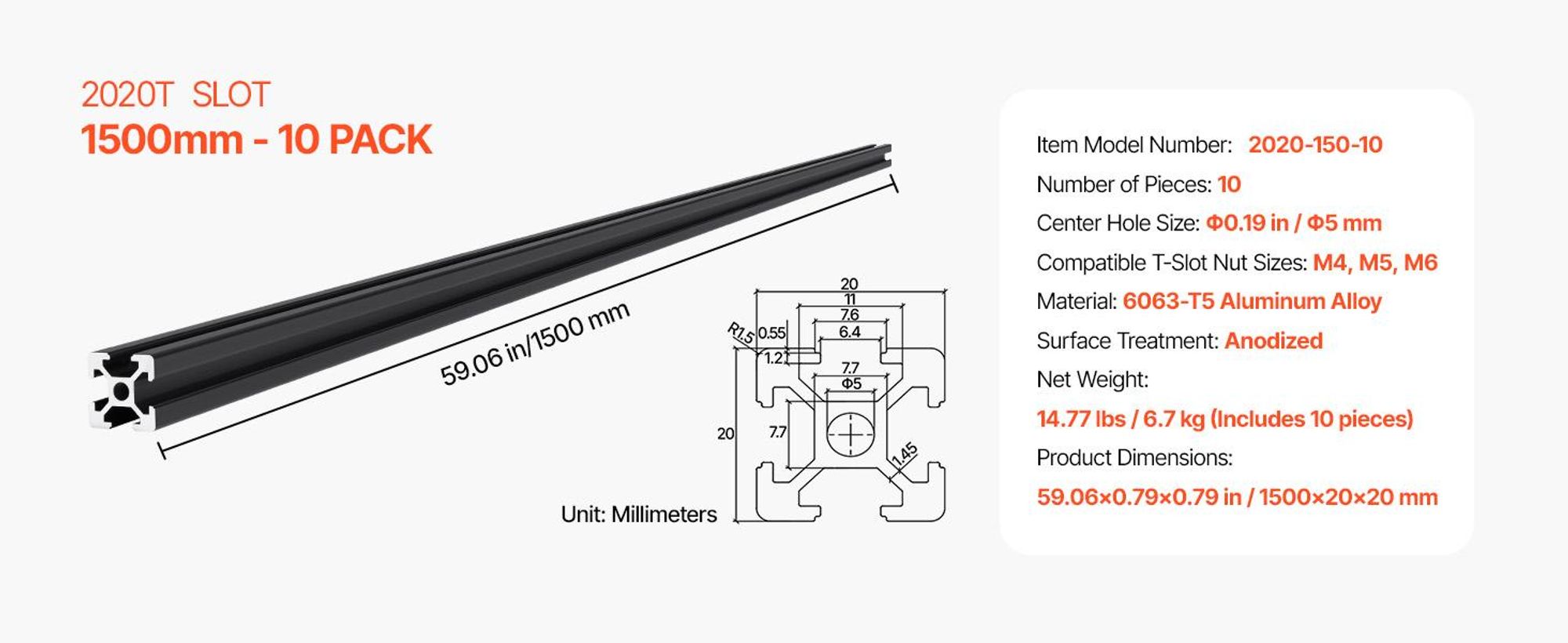 VEVOR 10PCS 39,4in (1000mm) T Slot 2020 Aluminium-Extrusionsprofil, Europäischer Standard anodisierte Linearführung, hochfester extrudierter Aluminium-Schienen für 3D-Drucker, CNC-Maschinen DIY, Lasergravur, Schwarz, 2020 Serie-c, 1500 mm