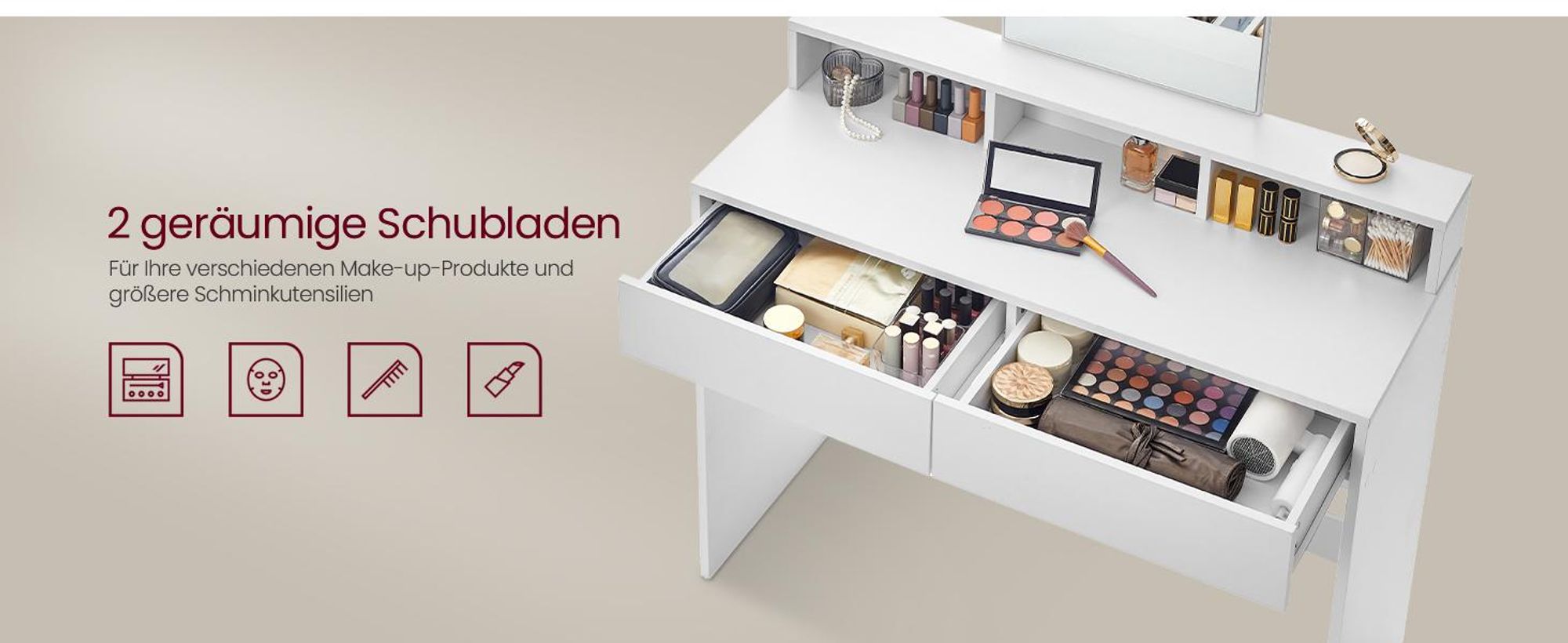 VASAGLE Schminktisch, großem Spiegel, 2 Schubladen, 3 offene Fächer, weiß, Modern