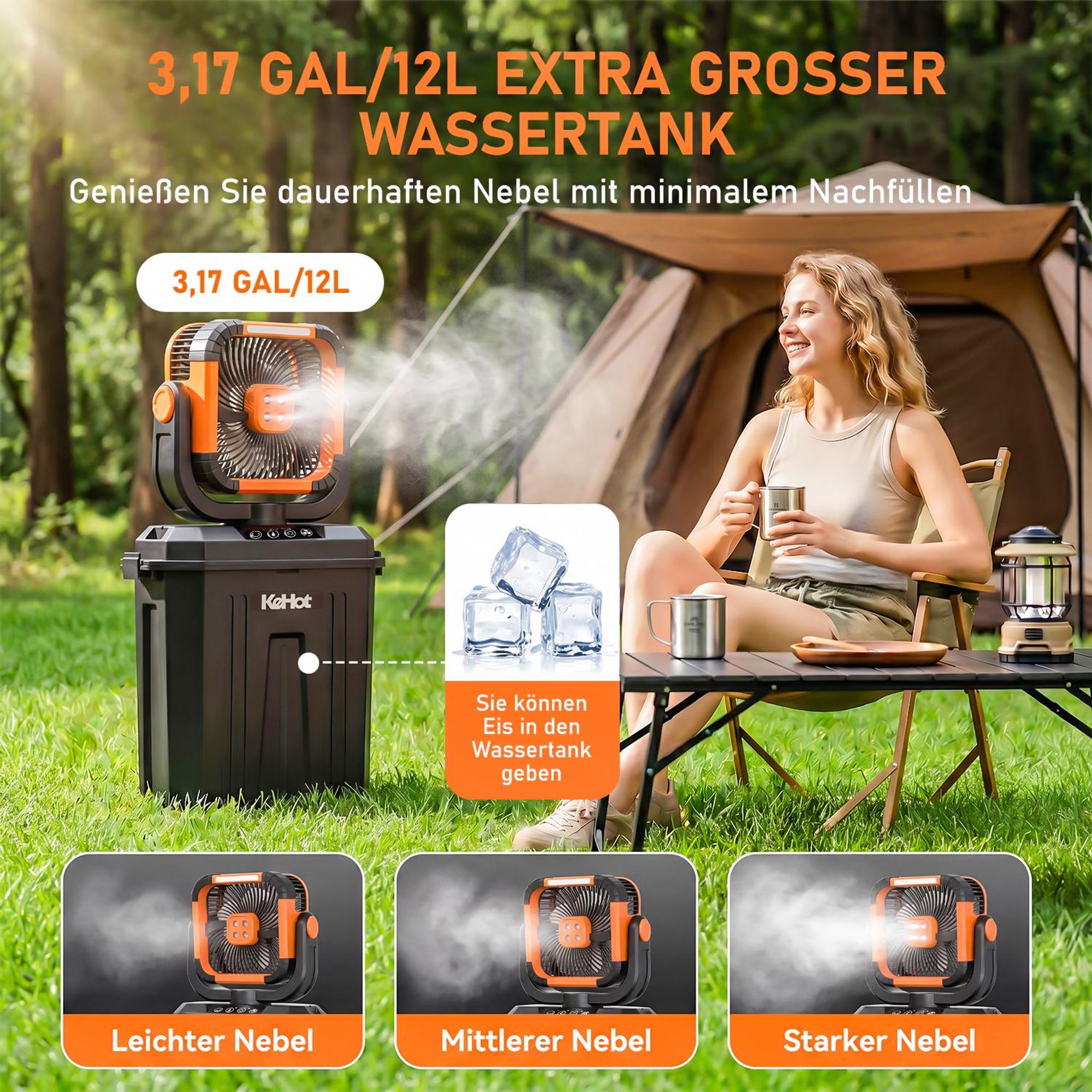 Kehot Campingventilator mit Sprühfunktion 12L Wassertank 10000mAh Akku 120° Oszillation LED Licht Fernbedienung USB-C Outdoor Ventilator für Camping W