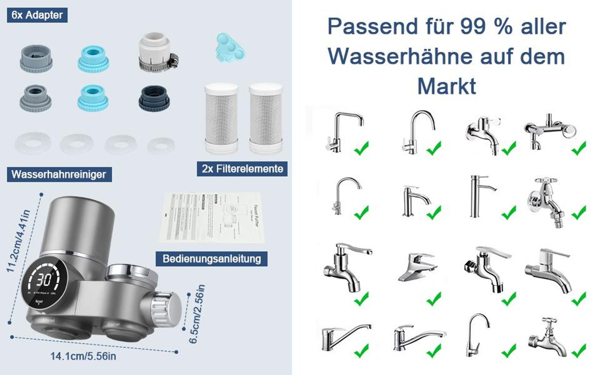 Wasserfilter für Wasserhahn, Edelstahl Leitungswasserfilter, UV-Sterilisation, LED-Display, Entfernt Chlor, Schwermetalle, Schlechten, Mikroplastik