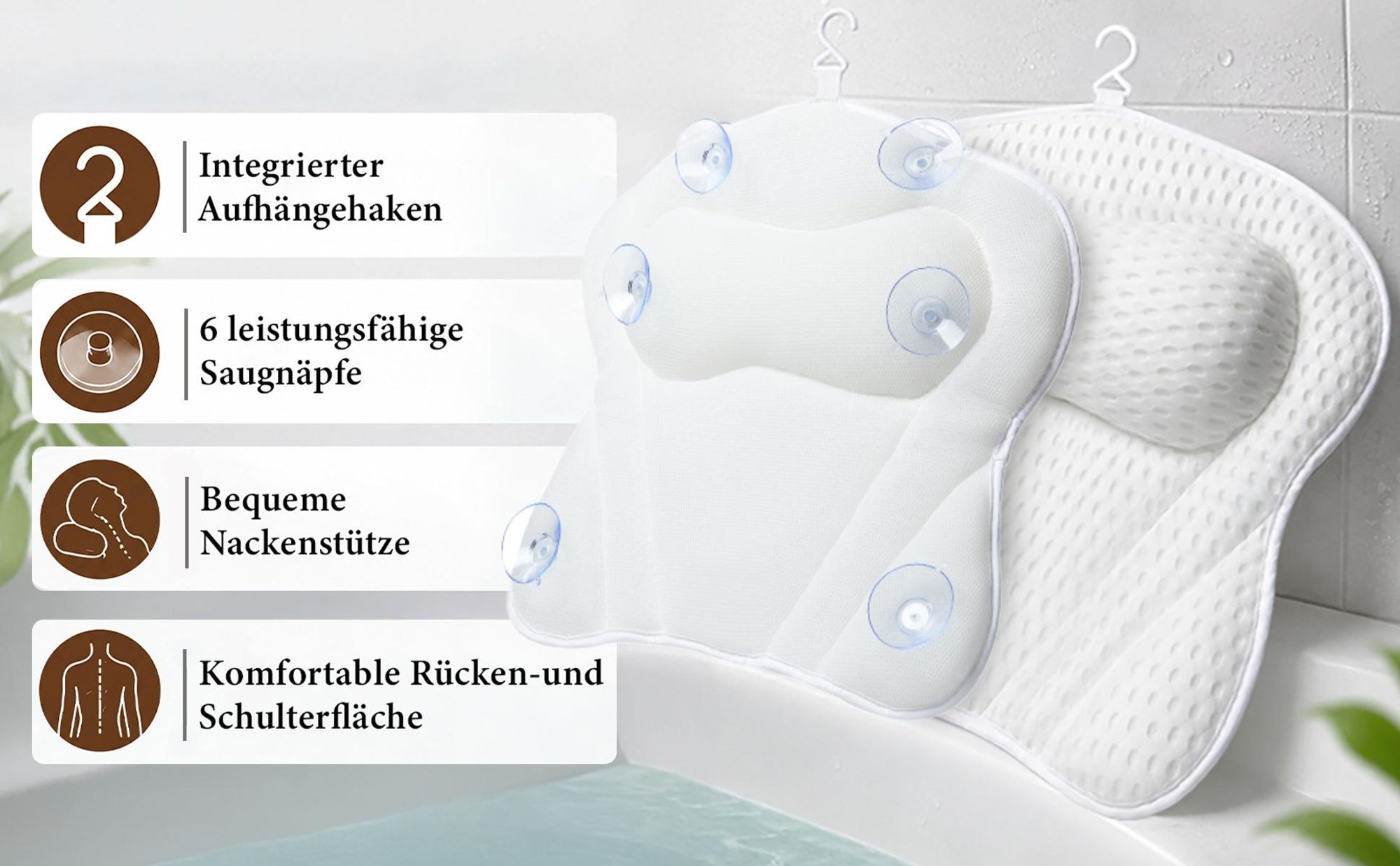 Penelife Badewannenkissen mit 6 Saugnäpfen - Ergonomisches Badekissen mit 4D Luftmaschen Technologie - Nackenkissen für eine optimale Entspannung - Badewannen Kissen weiß