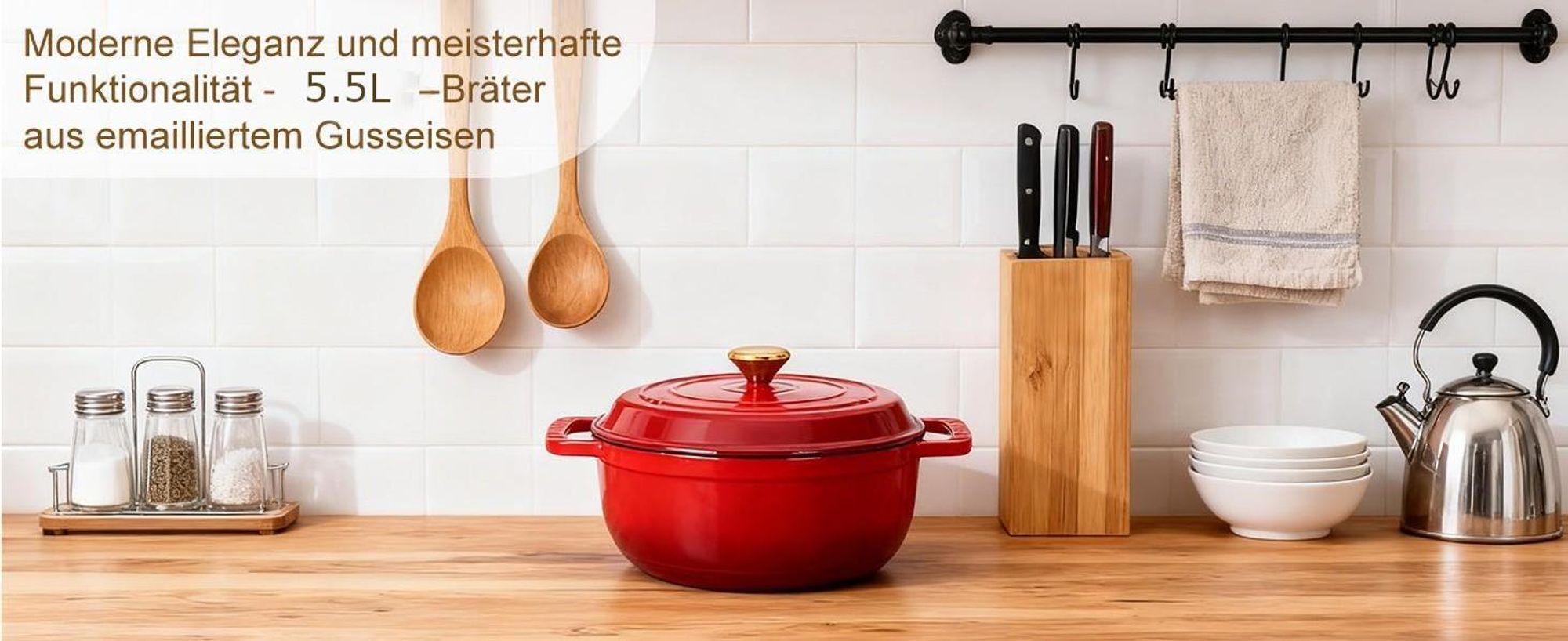 FCH Gusseisen Topf 26cm - 6QT-5.5L Emaille Bräter mit Deckel backofengeeignet - für Küche Backen Schmoren Braten (Rot)