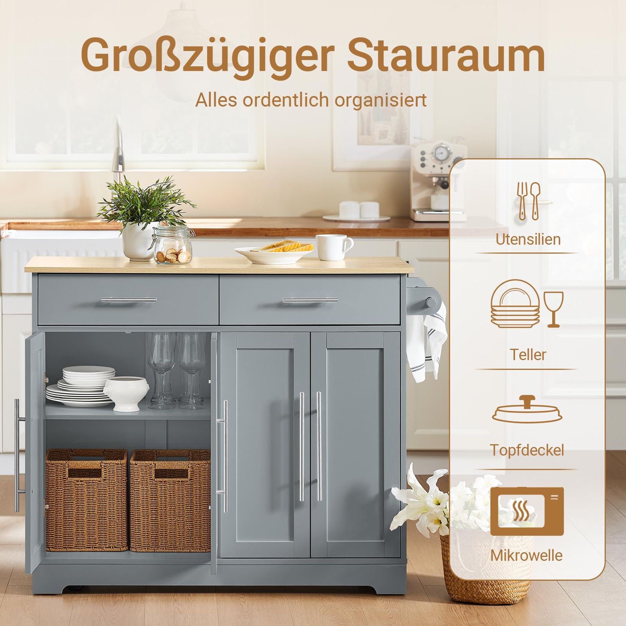 SoBuy Kücheninsel mit ausklappbarer Arbeitsfläche, Schubladen und Schränken, grau Mittelteil mit vier Türen zwei FKW129-HG