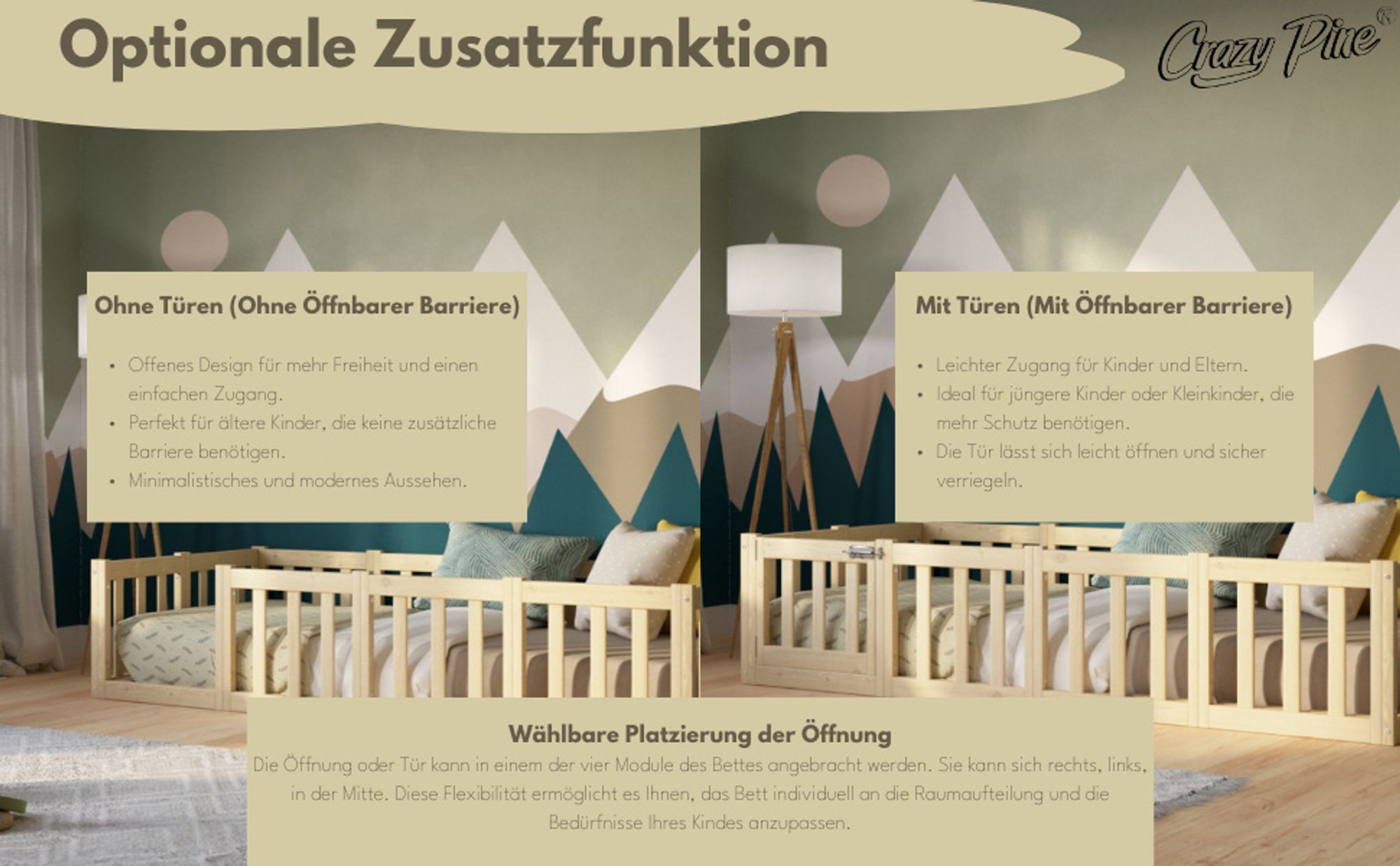 Crazy Pine Kinderbett 90x190 cm – Natürlichem Holz - Montessori Bodenbett mit Rausfallschutz 40cm und Öffnbarer Barriere - Crazy Johnny