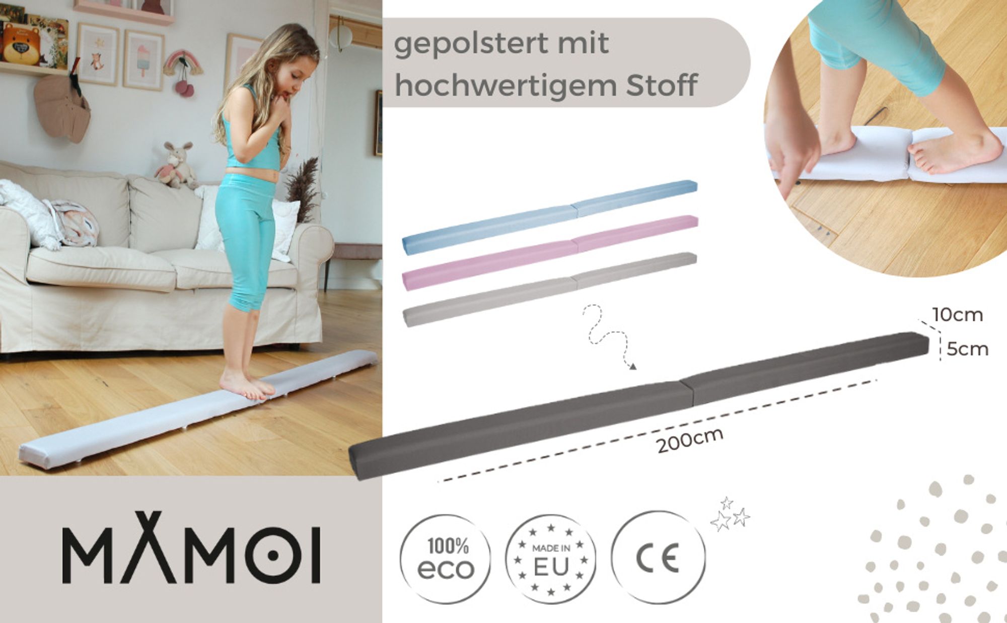 MAMOI® Schwebebalken für zuhause, Balancierbalken für kinder, Balken turnen klappbar, Turngeräte indoor, Balancieren und Turnbalken, Hellgrau Gymnastic bar