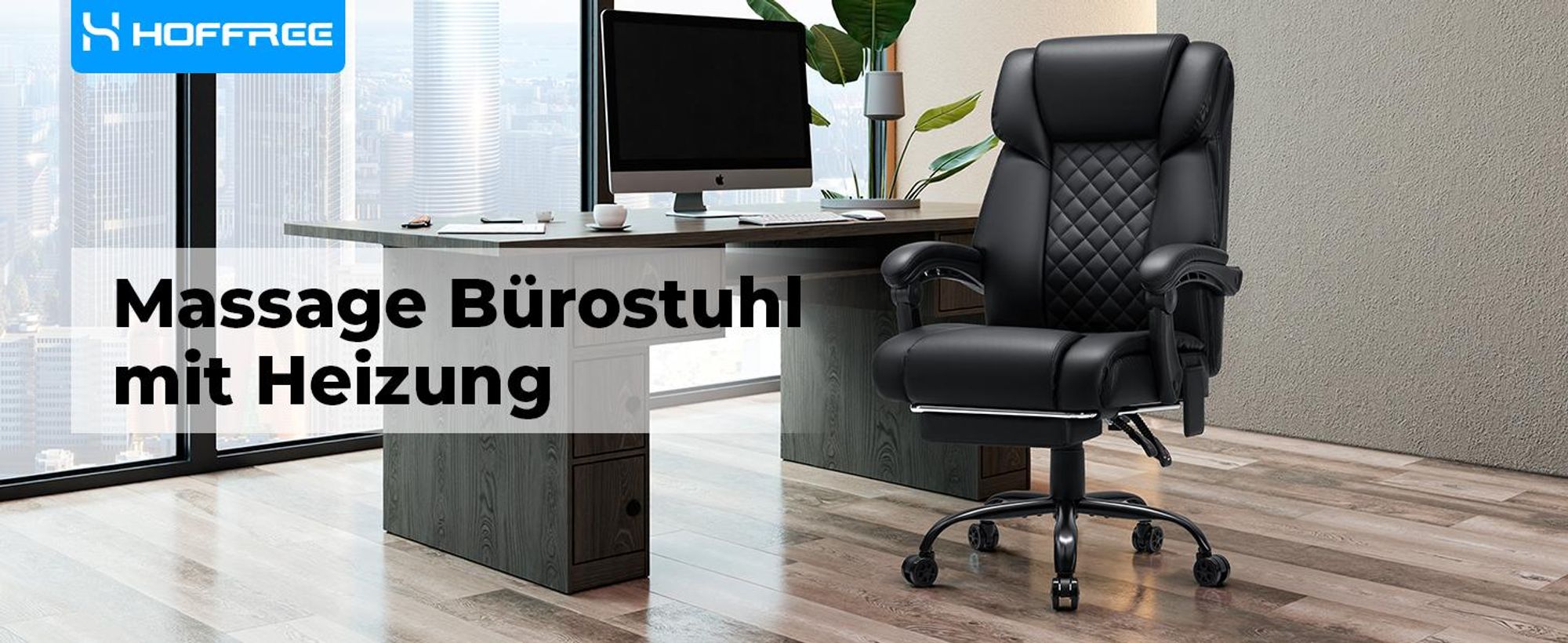 HOFFREE Massage-Bürostuhl mit Wärme & 7 Vibrationspunkten, 180° neigbar, Fußstütze, 200 kg Tragkraft, Chefsessel für große Personen, Schwarz