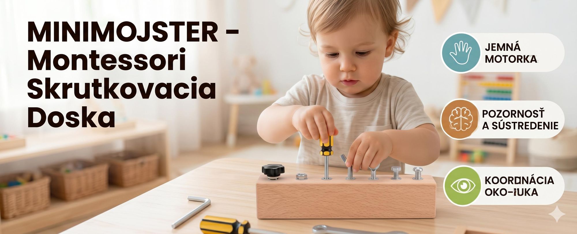 Montessori drevená skrutkovacie doska, hračka na rozvoj motoriky pre deti od 3 rokov, drevená hračka pre batoľatá – MINIMOJSTER