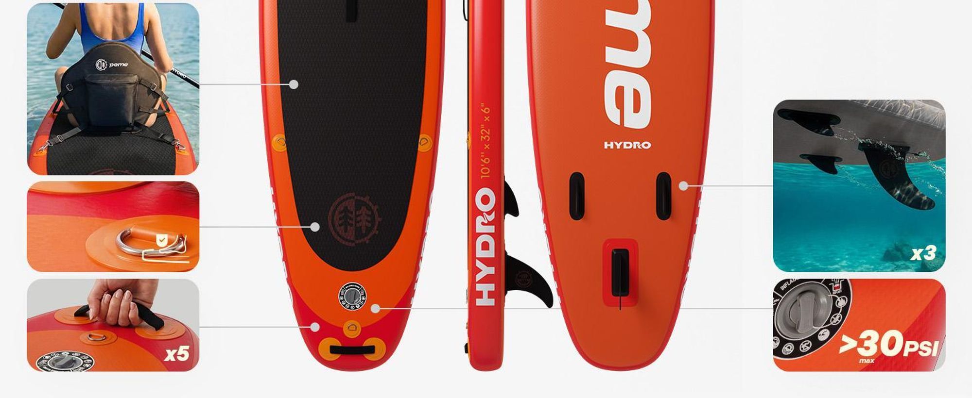Planche de stand up paddle PEME - Orange coucher de soleil - 350 cm - Pagaie double et accessoires complets, SUP, planche de surf gonflable, jusqu'à 166 kg, - Rouge et orange