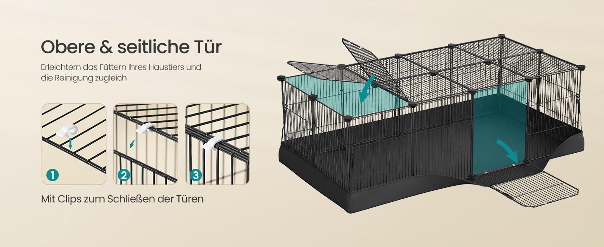 SONGMICS Kleintierlaufstall mit Doppeltür, Freigehege für Kaninchen, Meerschweinchen, Unterlage, 20 Platten, schwarz
