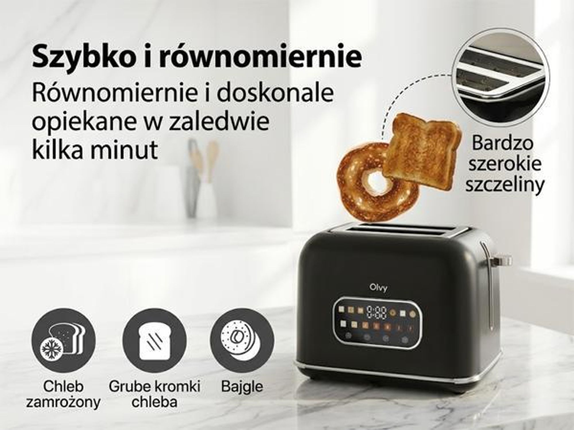 Toster Olvy, ekran dotykowy z timerem, 7 stopni opalania, bardzo szerokie szczeliny, 6 programów, w tym bagel i gofr, funkcja rozmrażania i podgrzewania, czarny