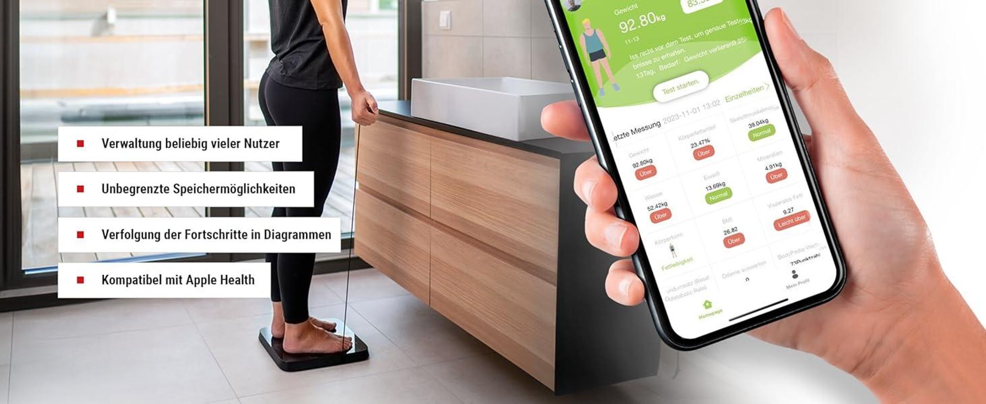 HAMMER Körperanalysewaage Body Screen TX, weiß, 8 Sensoren, 15 Messungen inkl. App