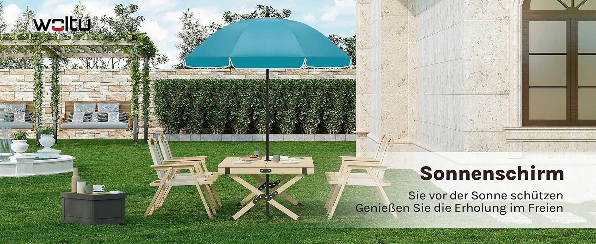 WOLTU Sonnenschirm Strandschirm UV-beständig, höhenverstellbar, 45° knickbar, rund, Blau 175cm