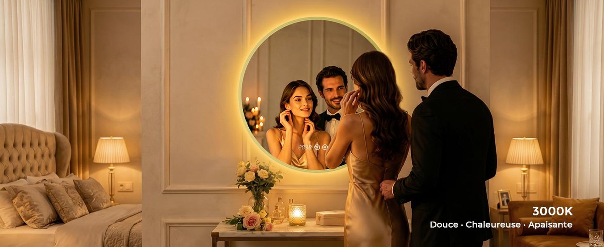 S'AFIELINA Miroir Salle de Bain LED Rond 70 cm avec Éclairage, cadre doré, 3 températures de couleur, variateur, antibuée, horloge & température